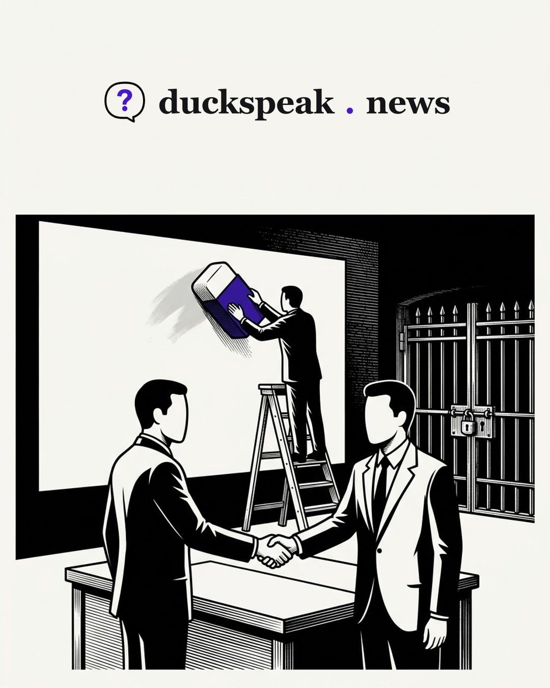 Two men in suits shake hands over a desk while a third, up a stepladder, scrubs a smudge off a blank wall with a giant eraser. In the corner the gate stays padlocked: the impression gets cleaned away, the decision does not move.