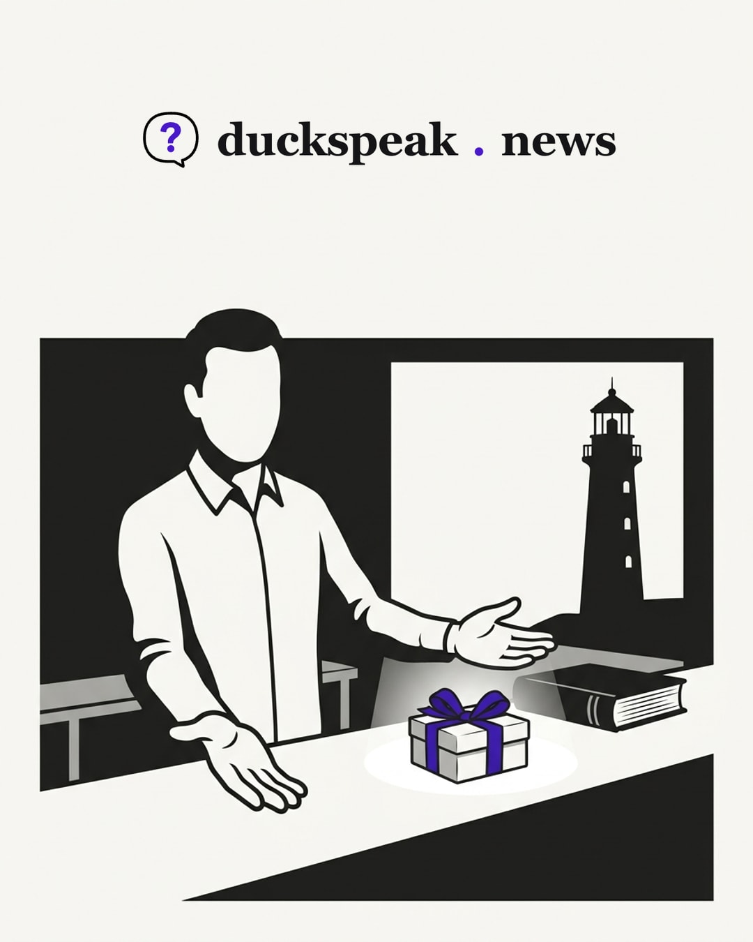 A salesman presents a small gift box under a spotlight, palms open like a product launch. Behind the counter a thick book lies closed, and through the window the lighthouse stands dark: the harm gets a friendly name, the law that already names it stays shut.