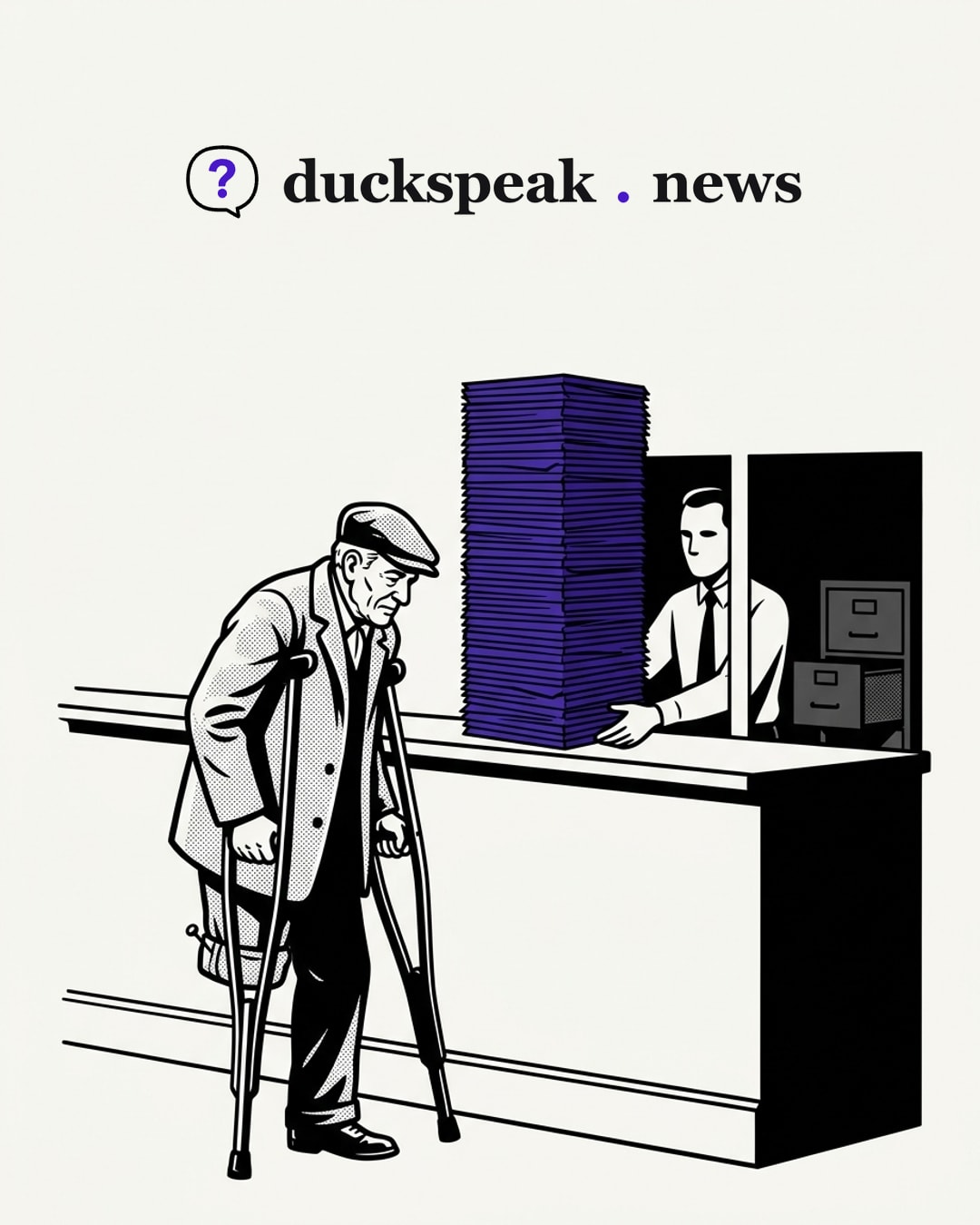 A man on crutches, one trouser leg pinned up, reaches a counter where the clerk slides him a stack of blank forms taller than he is. The leg is plainly missing, and the form still asks him to prove it.