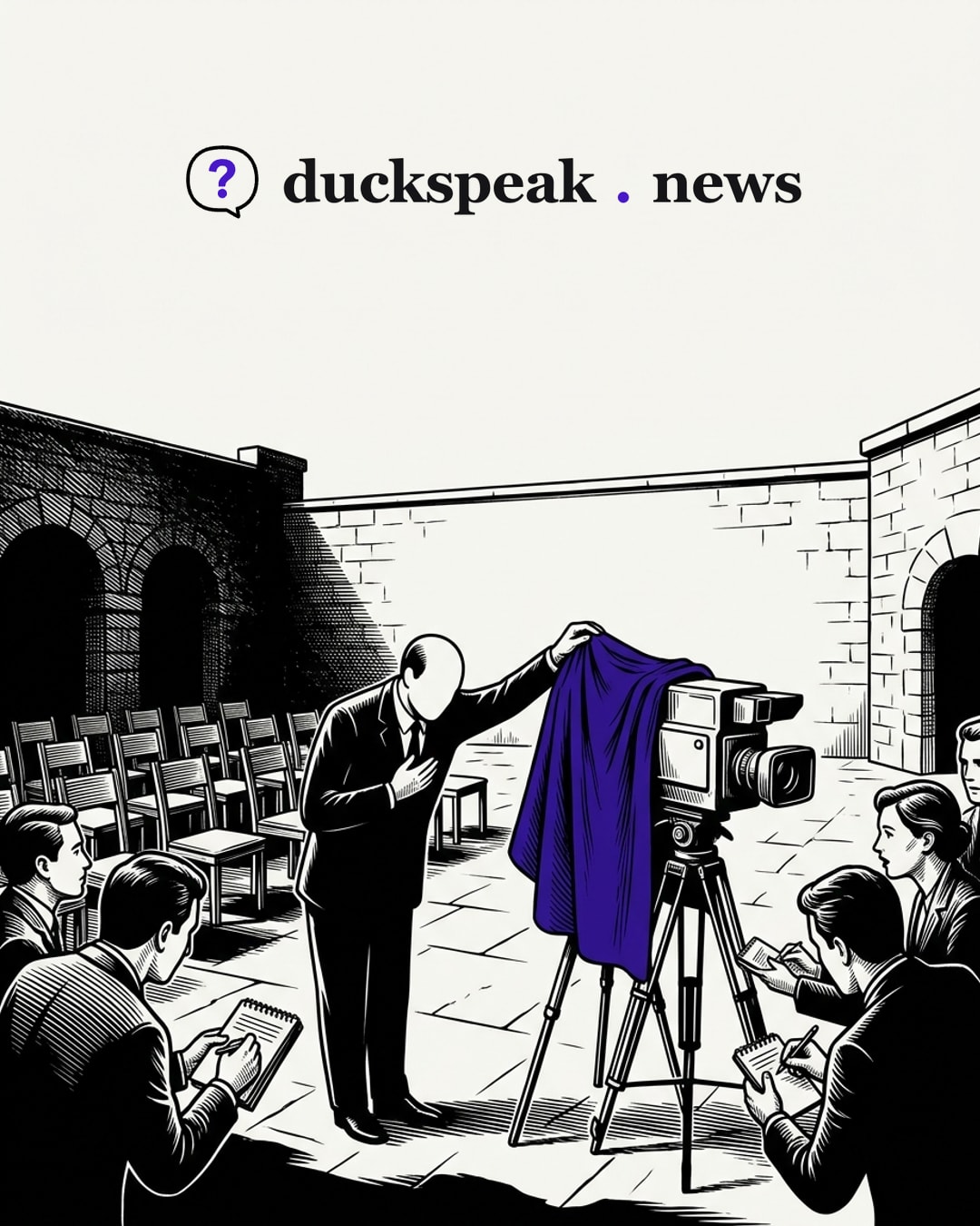 An official drapes a cloth over a television camera and bows to the reporters, hand on heart. Behind him, the chairs set out for the audience are still in place, facing a bare wall.