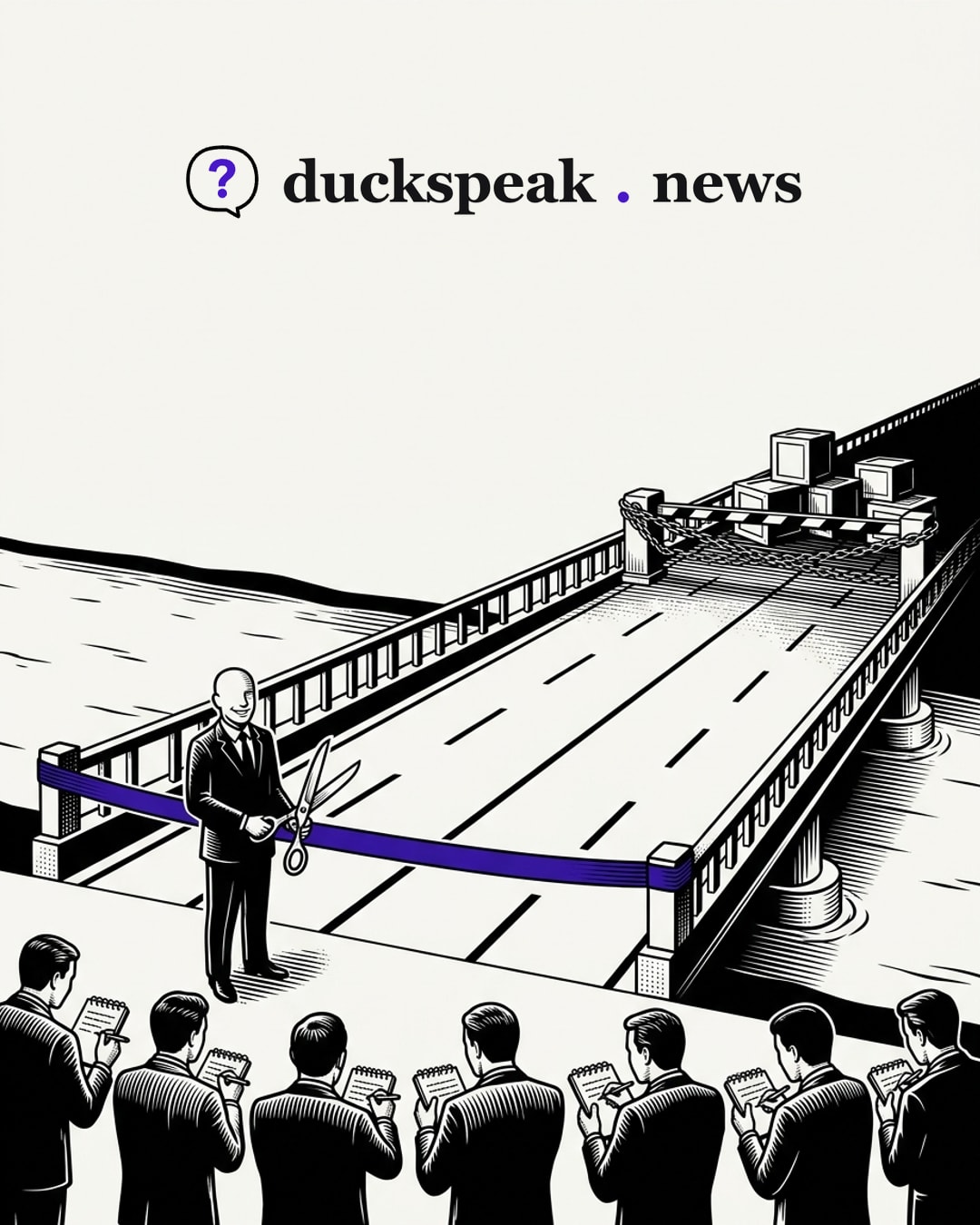 An official smiles beside the ribbon, scissors ready, and a row of reporters takes down the same line about well-being. At the far end of the bridge, behind a chained barrier, the crates sit stacked and going nowhere, and no notepad turns to look.