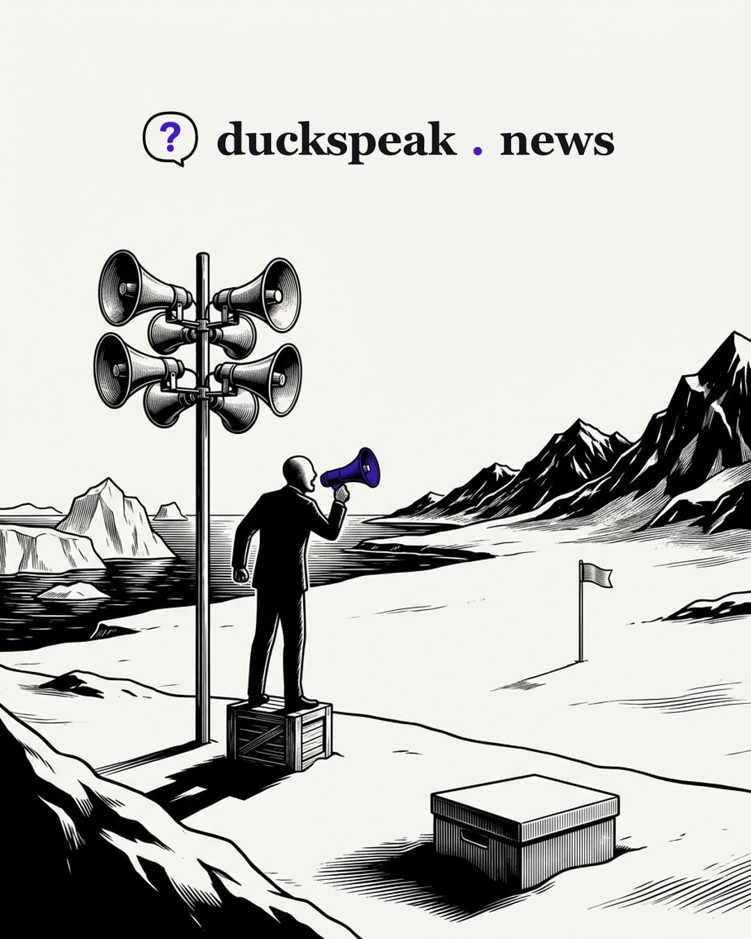 One man shouts into a hand megaphone, and a whole cluster of loudspeakers on the pole carries his words across the ice. The plain they point at holds a single flag and nothing else, while the closed box in the snow, the one that would say who may drill, stays shut.