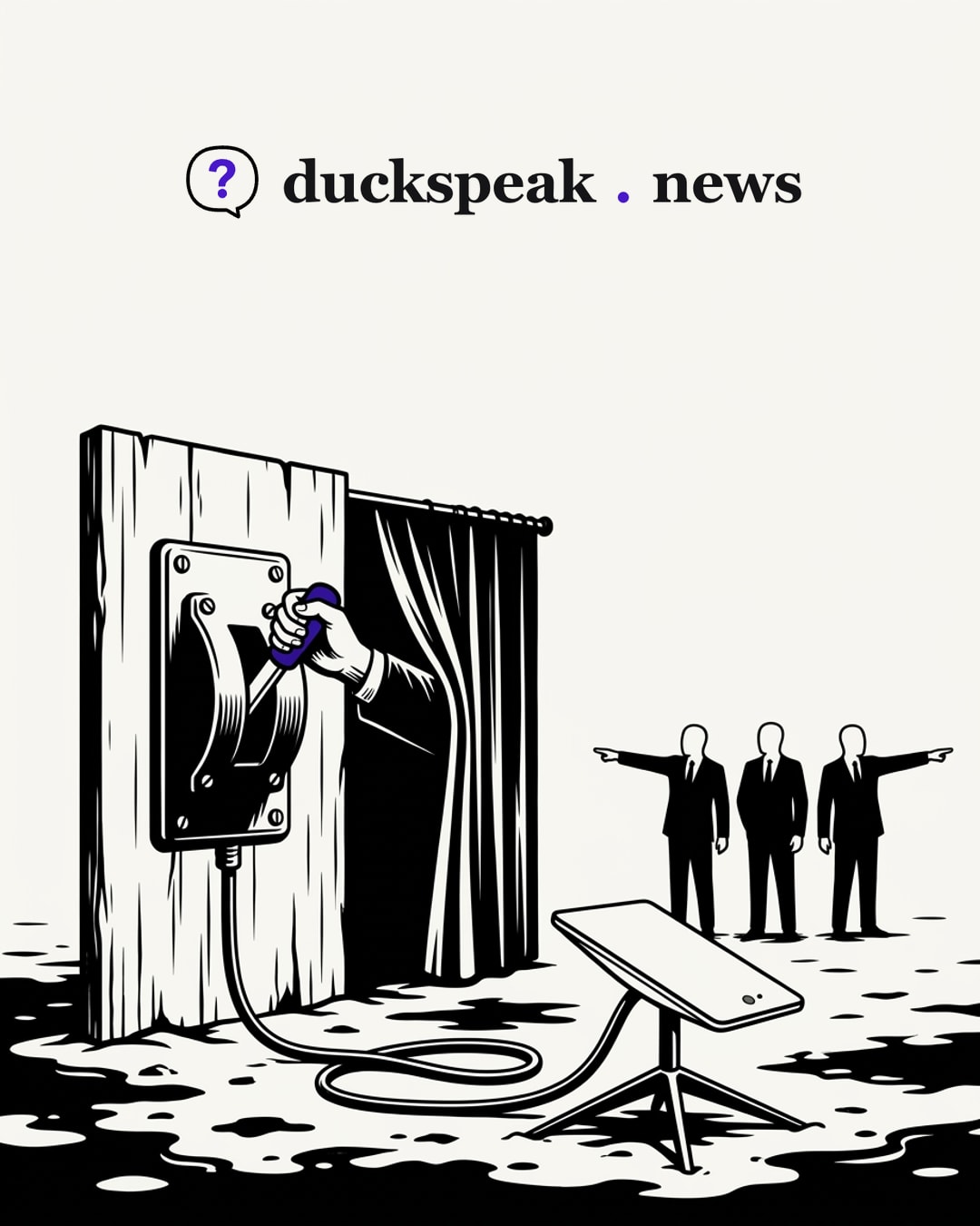 A hand pulls the lever, and the arm behind it vanishes into the curtain. The terminal sits cut off in the mud, and the men in suits point every way except at the curtain: the switch was thrown, and the sentence never says by whom.