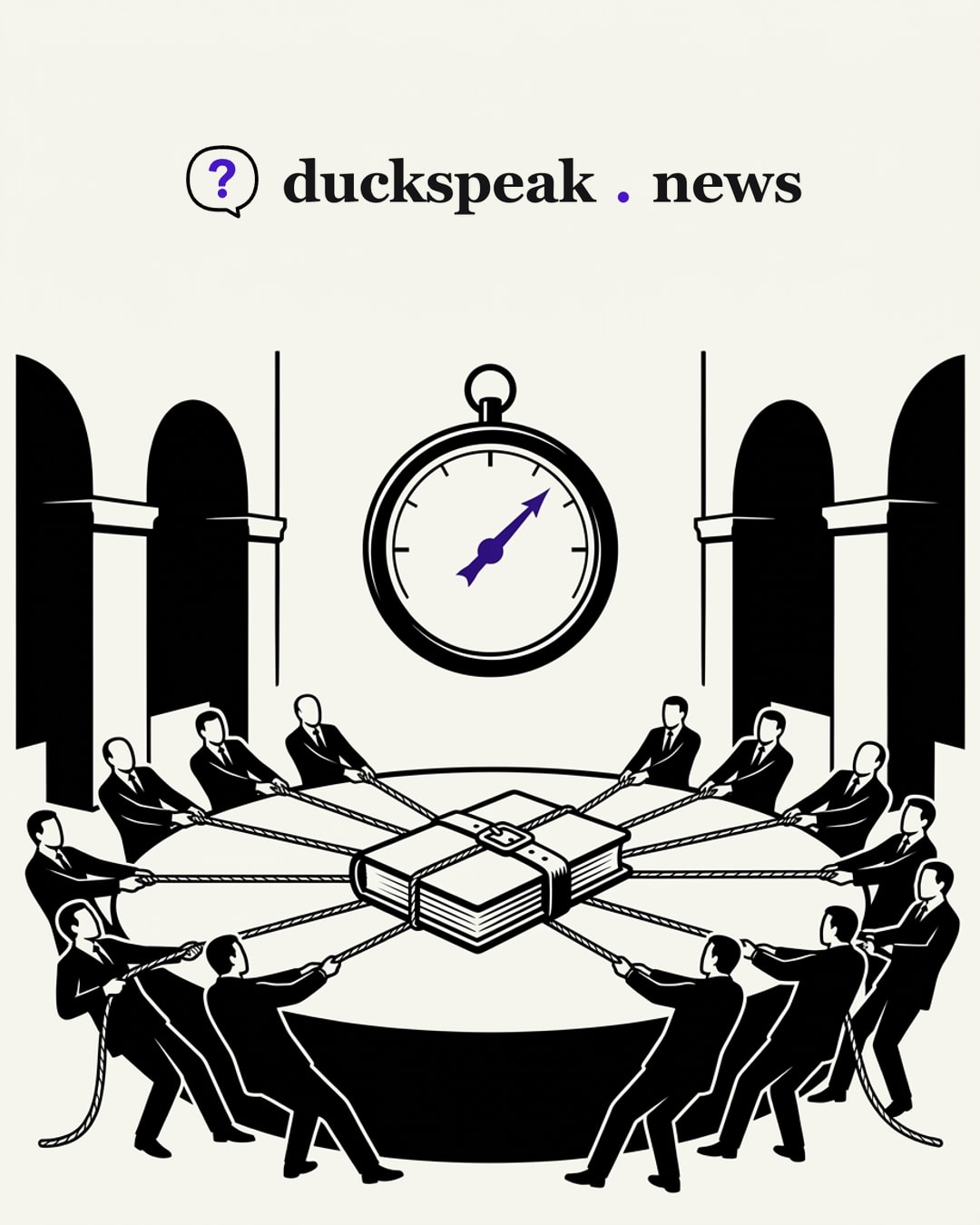 Autour de la table, deux camps tirent de toutes leurs forces sur les cordes nouées autour d'un registre bouclé que personne n'ouvre. Au-dessus d'eux, l'aiguille du grand cadran mesure la tension, jamais ce que contient le livre.
