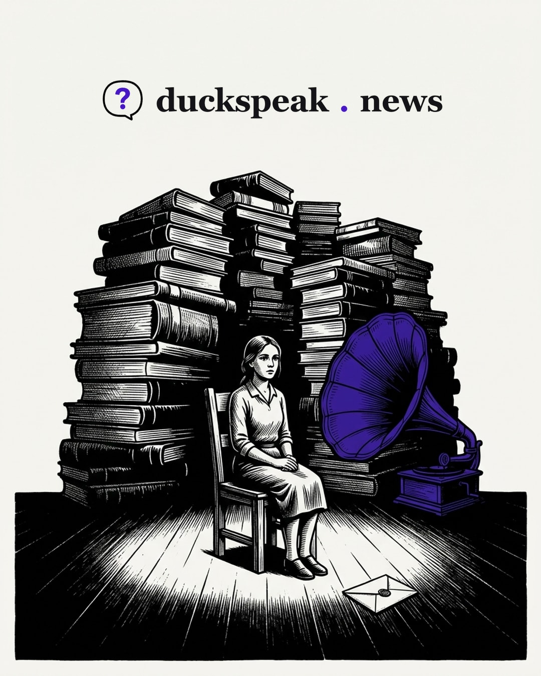 A young woman sits alone in the spotlight, a gramophone horn beside her and a wall of ledgers rising behind. At her feet lies a sealed envelope, the one thing that would say what she actually wrote, and the show goes on without opening it.