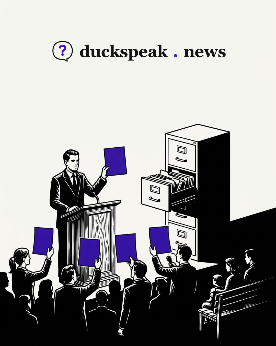 A man at the lectern holds up one sheet, and four reporters raise the same sheet back to the crowd as if each had written it. Behind him a filing drawer hangs open, and on the bench to the side the family sits unasked: the statement gets four bylines, the people it concerns get none.