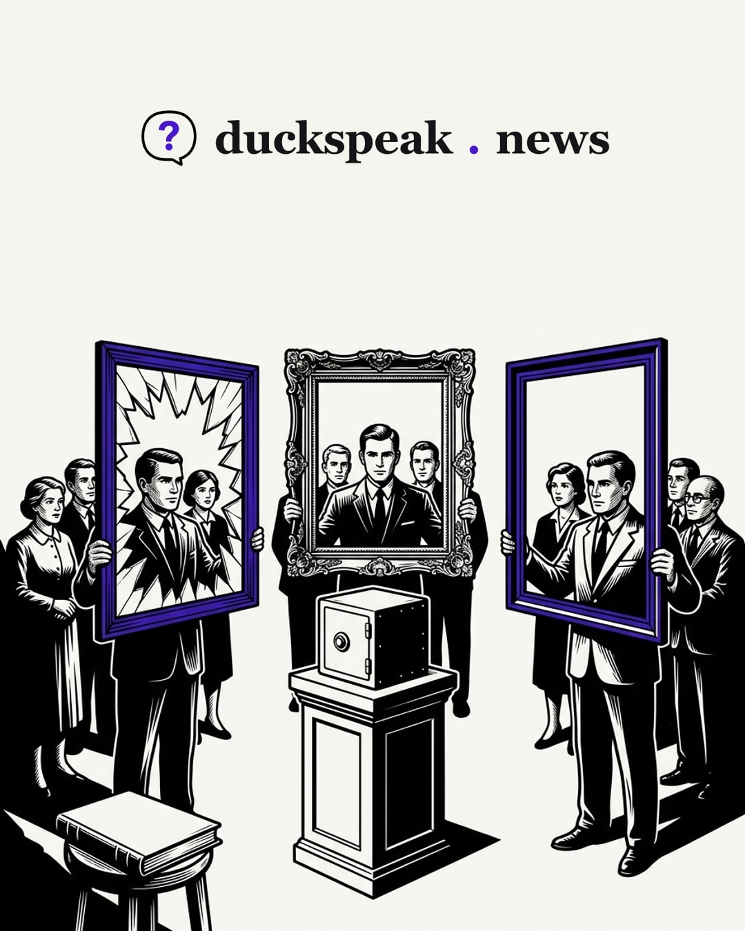 Three men hold three frames up to the same small safe: one shattered like a broken window, one gilded, one plain. Each crowd sees the safe only through its own man's frame, and the book on the stool, the one with the actual figures, stays shut.