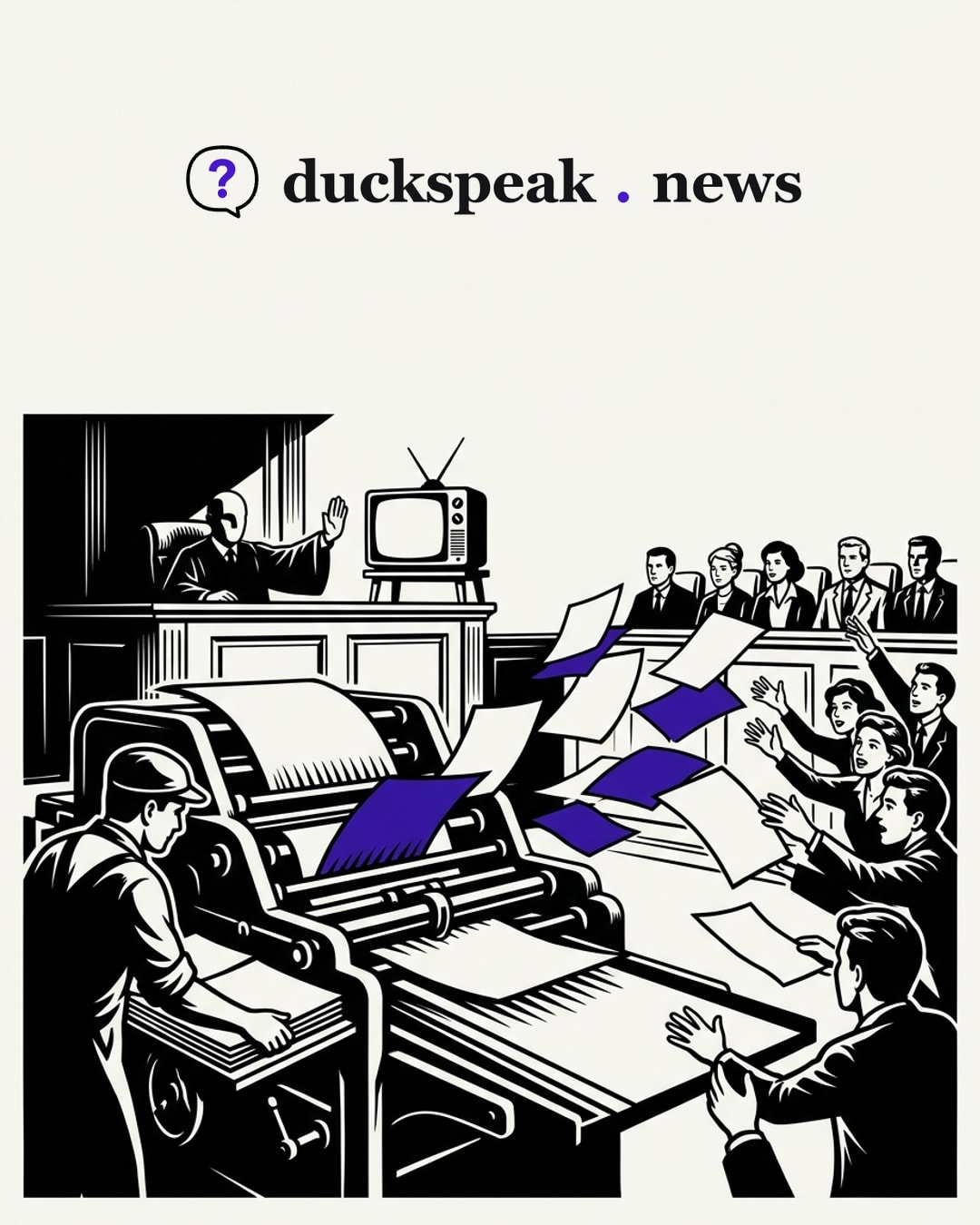 Behind the bench, the judge raises his palm at the television and tells the jury to set it aside. In front of him the press keeps running, and the crowd reaches for the fresh sheets without once turning round: the warning is given in court, the verdict is already being printed.