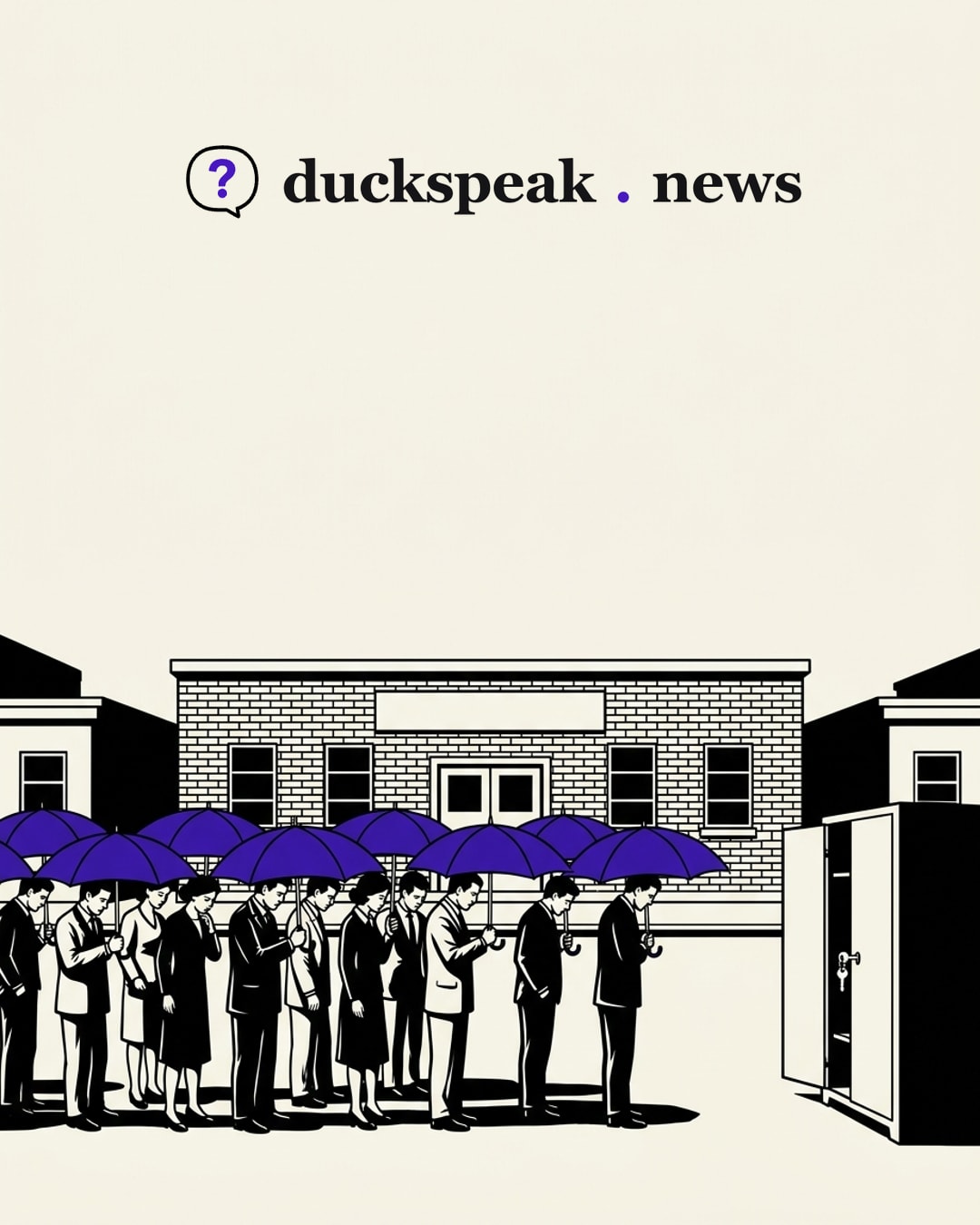 Outside the school, a row of mourners stands under open umbrellas, heads bowed, beneath a sky without a cloud. Beside them a cabinet hangs open with the key still in the lock, and no one looks its way: they shelter from a storm, and the thing that happened had a door.