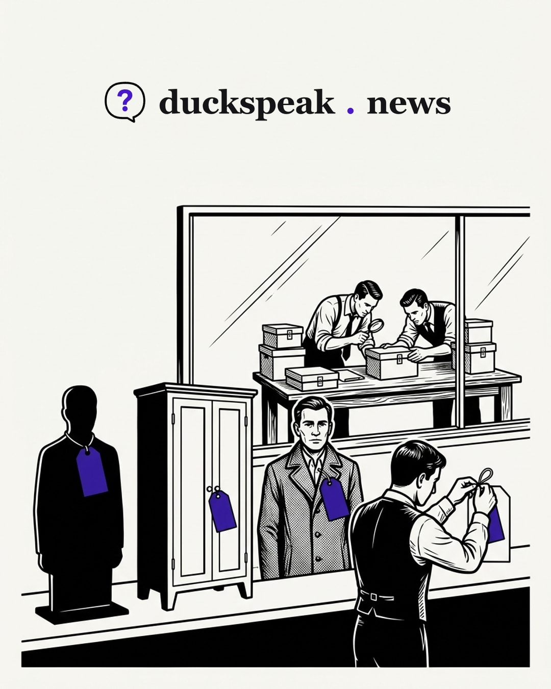 At the front desk a clerk ties tags on everything in reach: a dark silhouette, a closed cabinet, a man in a coat. Behind the glass the detectives are still bent over boxes they have not opened: the labels are finished, the investigation has barely begun.