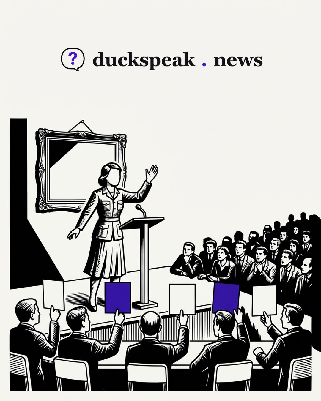 She speaks from the podium, the judges raise their scorecards, and the crowd leans in to see how she does. On the wall behind her the diploma frame hangs empty: the show gets scored, and nobody asks what should have been in the frame.
