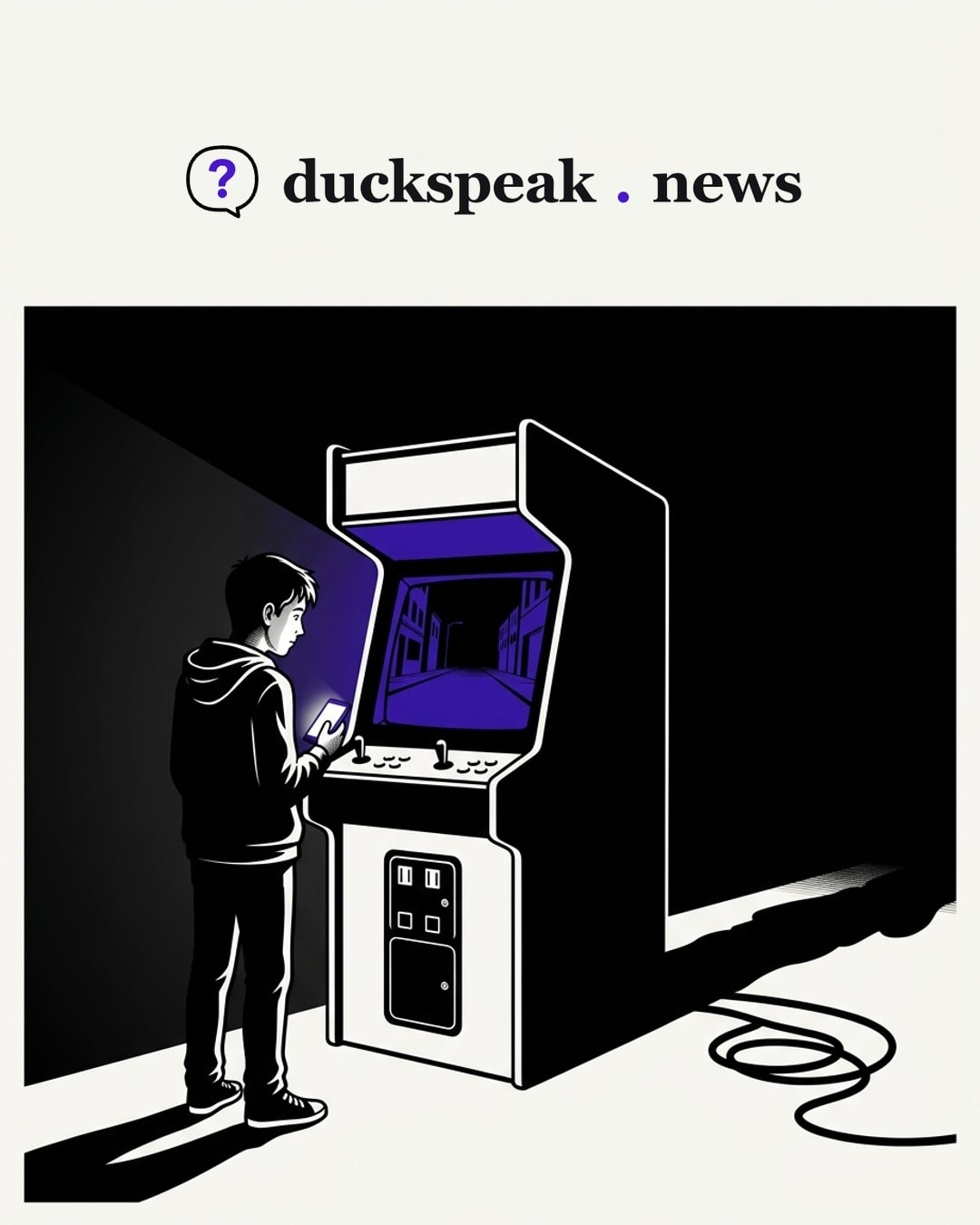 A teenager, phone in hand, stands before an arcade cabinet as if waiting for the next level. The screen shows an empty street with no one in it, and the cable runs off into the dark: it looks like a game, the target was never found, and whoever is at the other end of the wire stays out of frame.