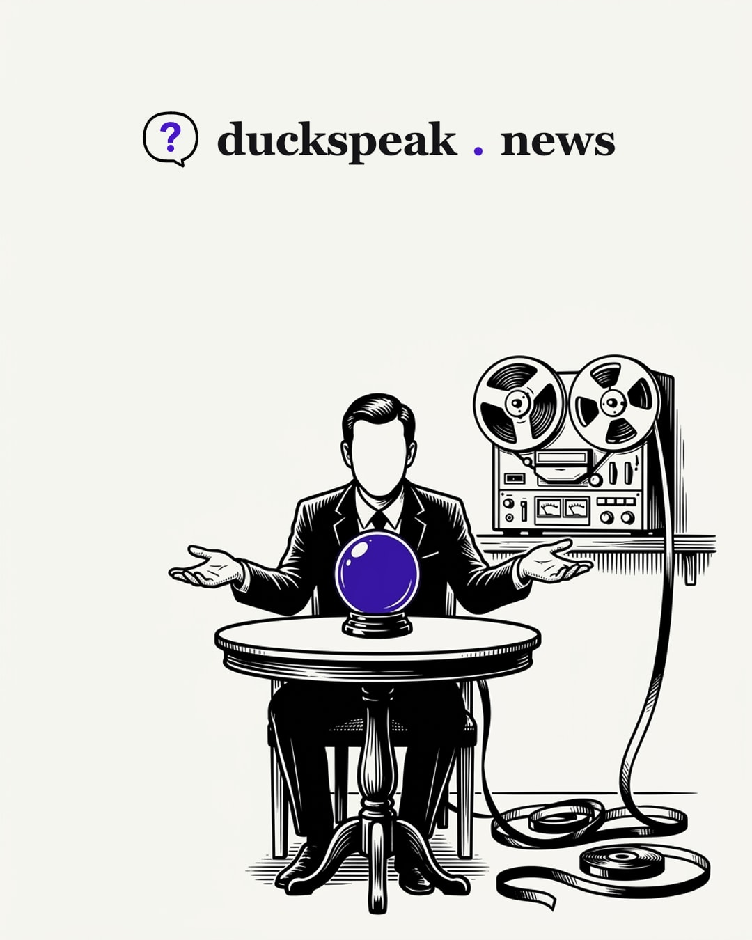 A man spreads his palms over a crystal ball: who could have seen it coming? Right behind him the tape recorder has already filled its reels, and the tape is piling up round his chair: the remarks were never in the future, they were on the shelf.