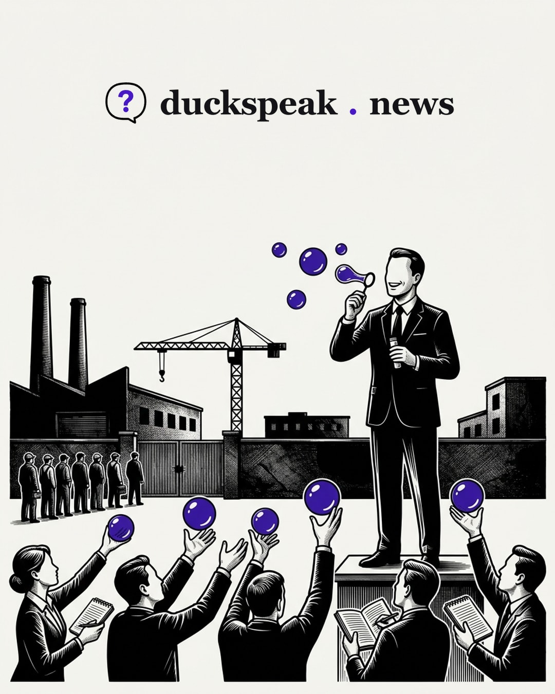 Up on his crate, a smiling man blows bubbles, and below him the reporters stretch up to catch one each, all alike. Behind them the chimneys are cold, the crane stands idle and the workers queue at a closed gate: the word floats nicely, and the yard stays still.