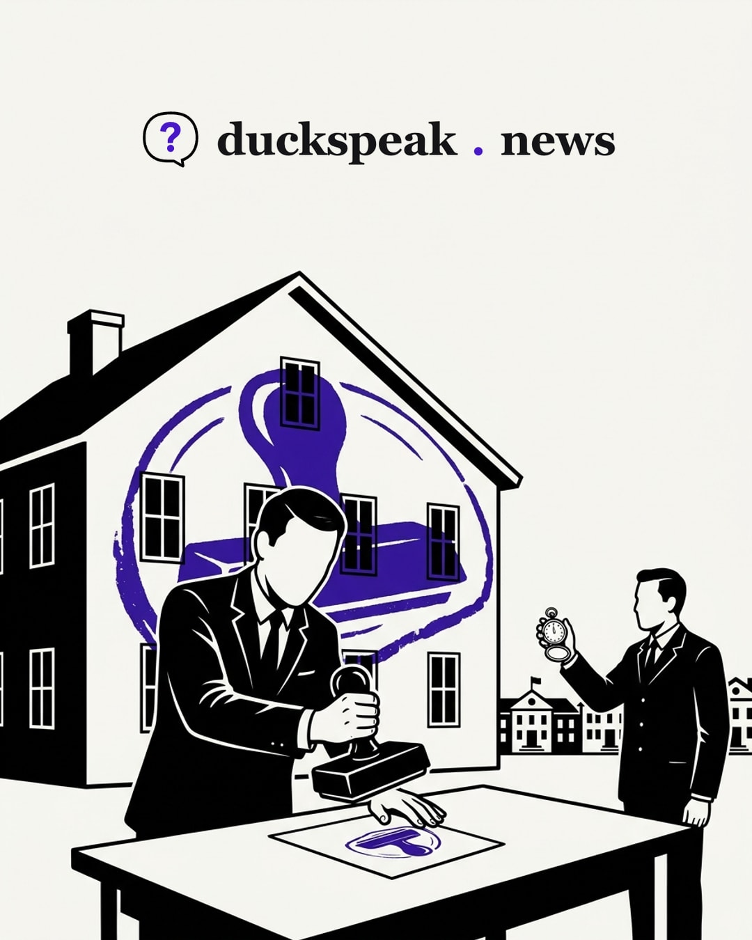 A man brings his stamp down on a single sheet, and the same mark turns up, enormous, across the front of the whole house. Beside him another official holds his stopwatch up to the town halls: the verdict was on a page, the headline put it on the house.