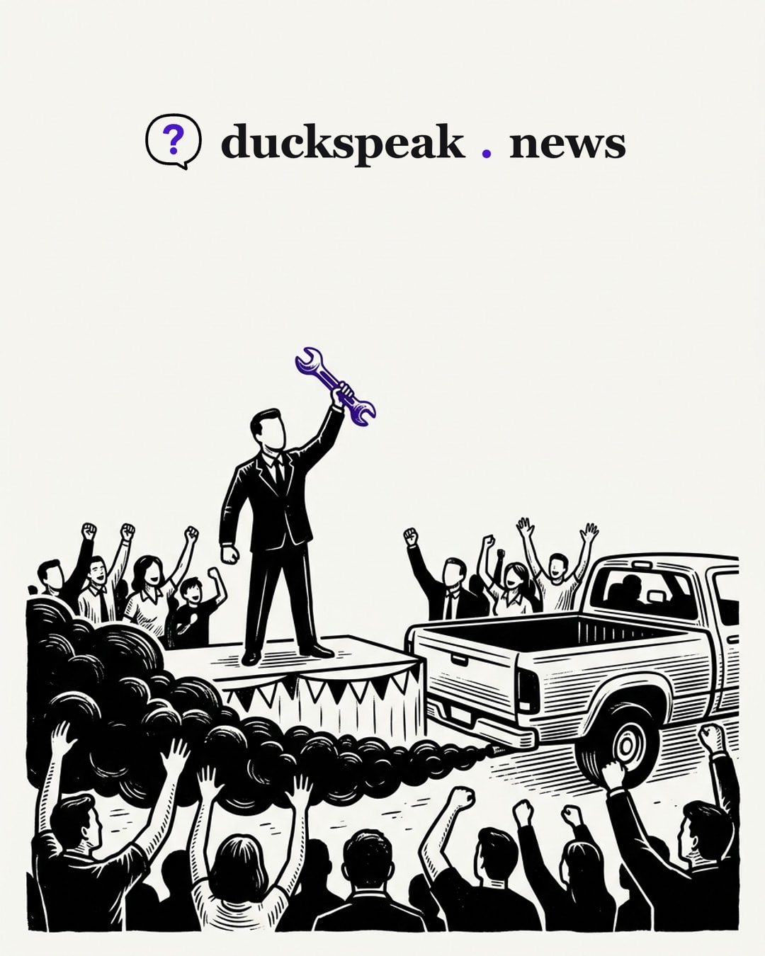 On the stage, a man holds a spanner up like a trophy and the crowd cheers the repair. Beside him the pickup pours black smoke over their heads, and no one looks round: they applaud the tool, not what it was used to remove.