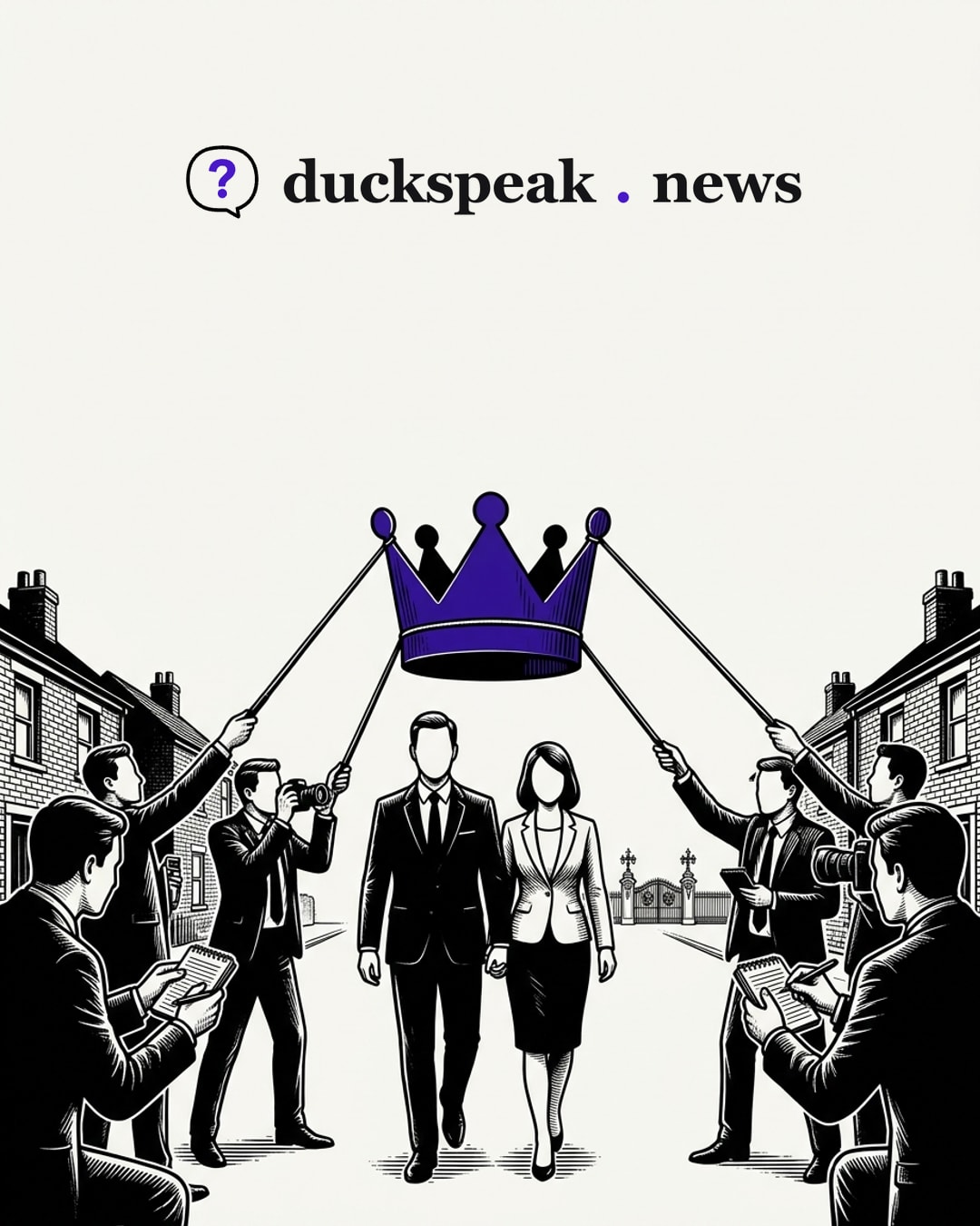 A couple walk down an ordinary street of brick houses while the reporters around them hold a crown aloft on sticks, just above their heads. At the end of the street the palace gates stay shut: the crown isn't theirs, but the coverage carries it for them anyway.