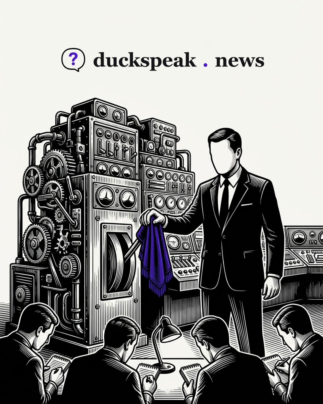 A man drapes a soft velvet cloth over the big lever of a machine as though it were merely resting. Down in front, the reporters bend over their notebooks round a small desk lamp: the whole machine has been switched off, and the copy talks about a pause.
