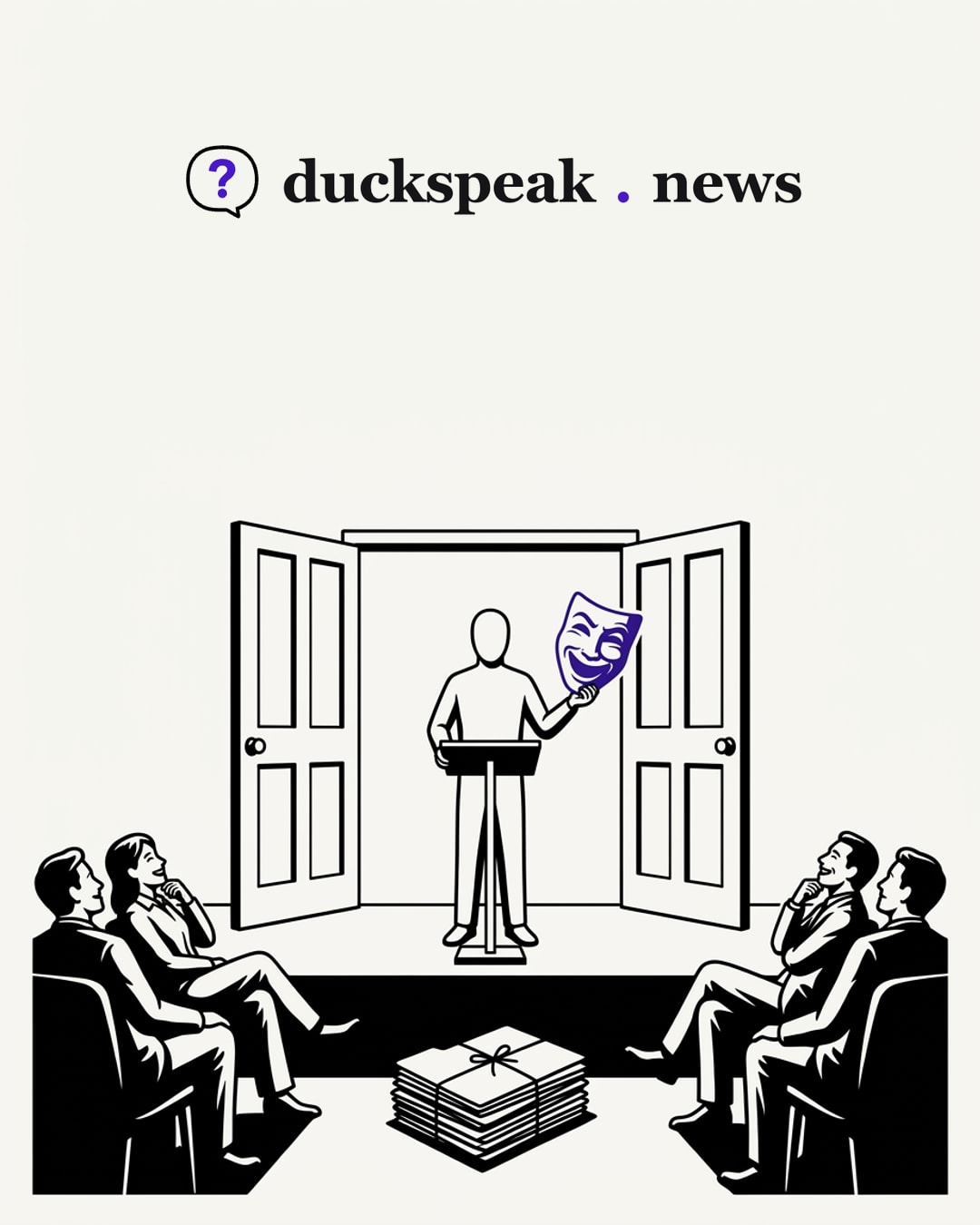 From the lectern, the speaker raises a grinning theatre mask and the audience leans back, delighted. Behind him the doors stand open with no one at the handles, and the tied bundle of files at the foot of the stage is never opened.