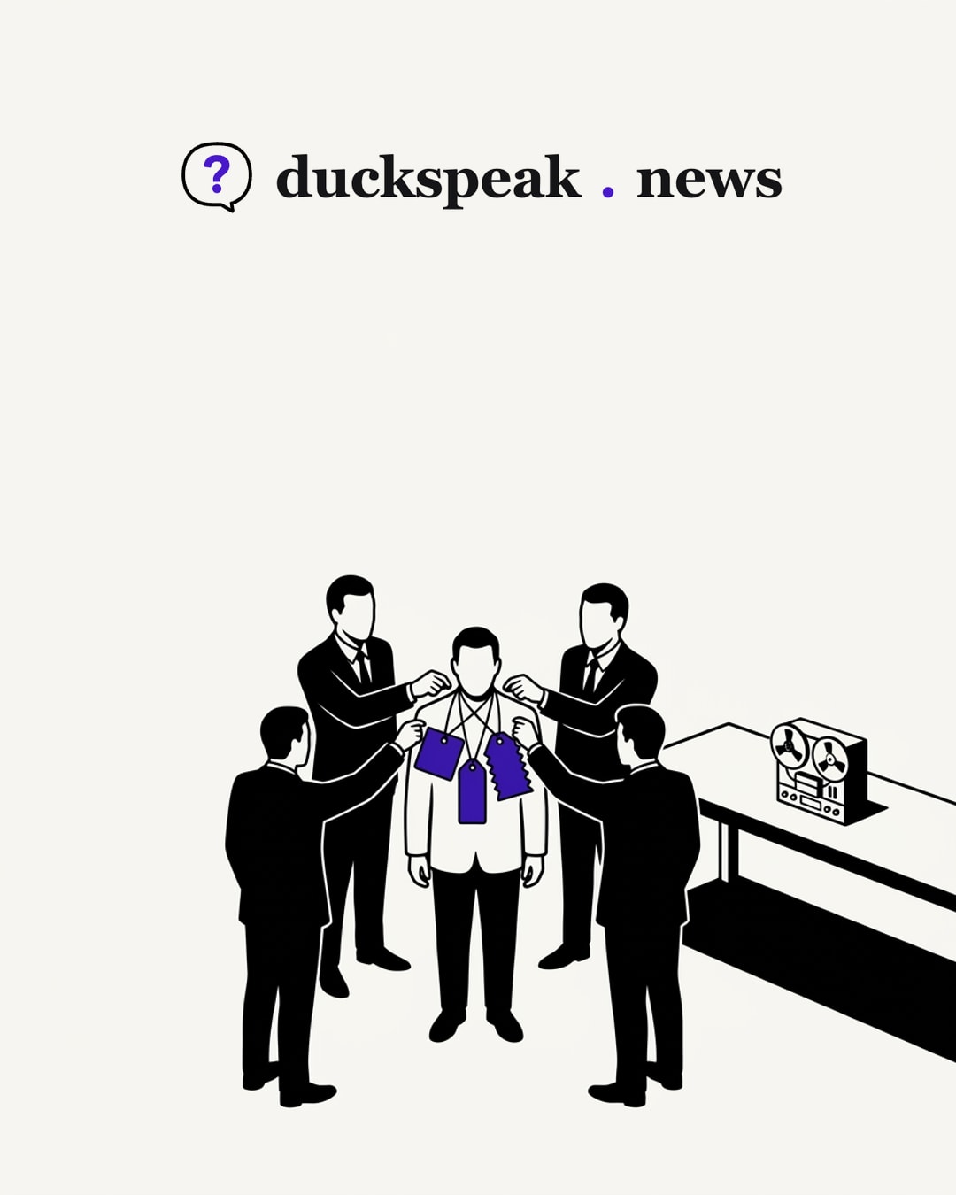 Four men in suits close in on one figure, each hanging a tag of a different shape around his neck. On the long table beside them, the only exhibit is a tape recorder: one confession, and a different label from every hand.