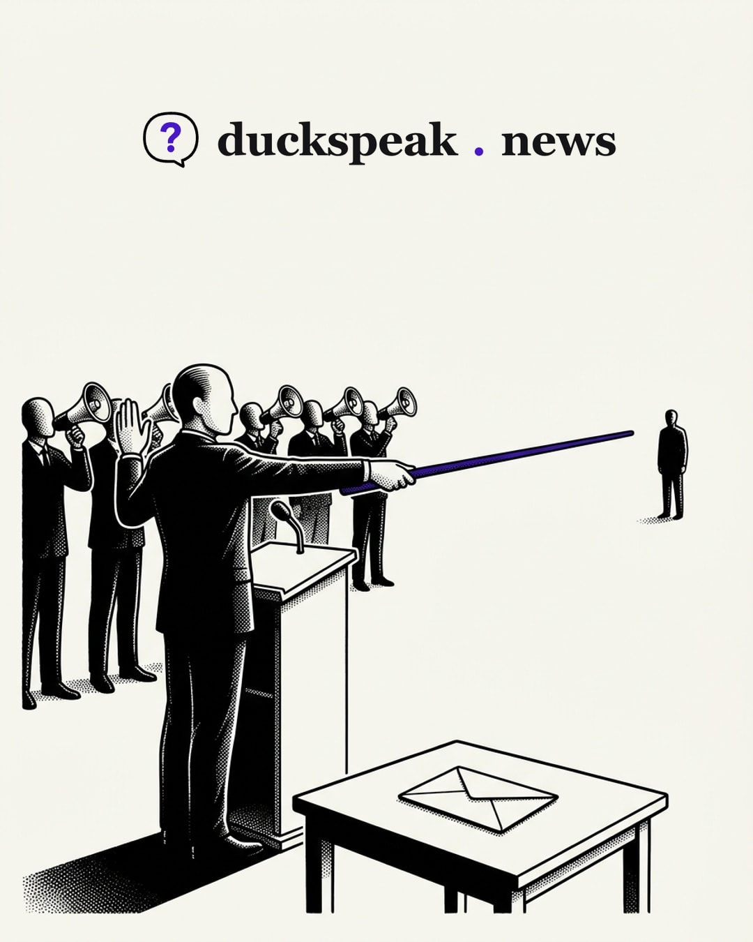 One hand is raised, palm open, to show he takes no side; the other holds a long pointer aimed at a lone figure across the room, while the megaphones behind him chant along. The sealed envelope on the table, the only thing that could say what this is about, stays shut.