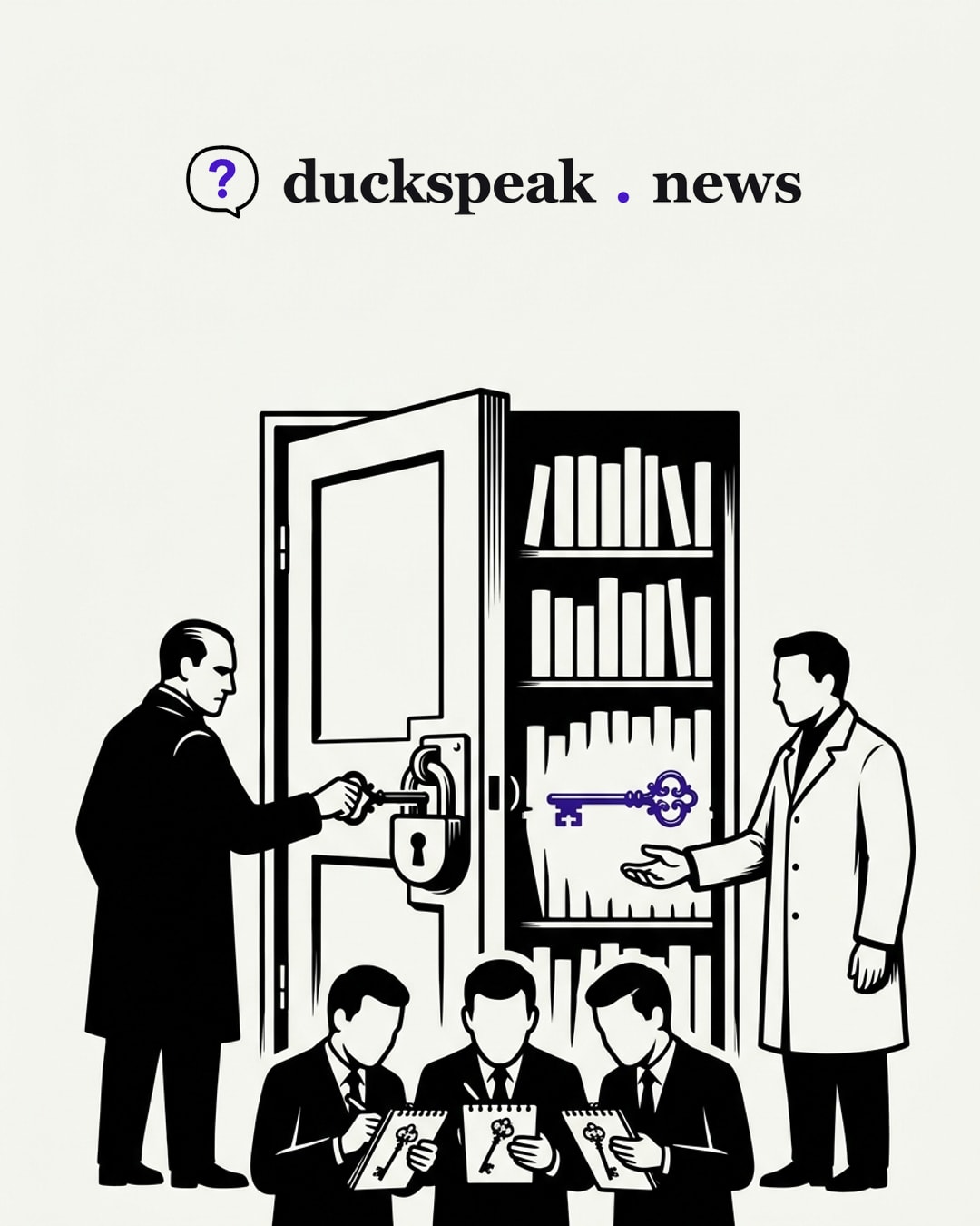 À gauche, un homme en manteau sombre tourne la clé dans le cadenas ; à droite, un autre tend déjà la main vers la même clé. Devant eux, les reporters recopient soigneusement le dessin de la clé, sans jamais regarder les livres derrière la porte.