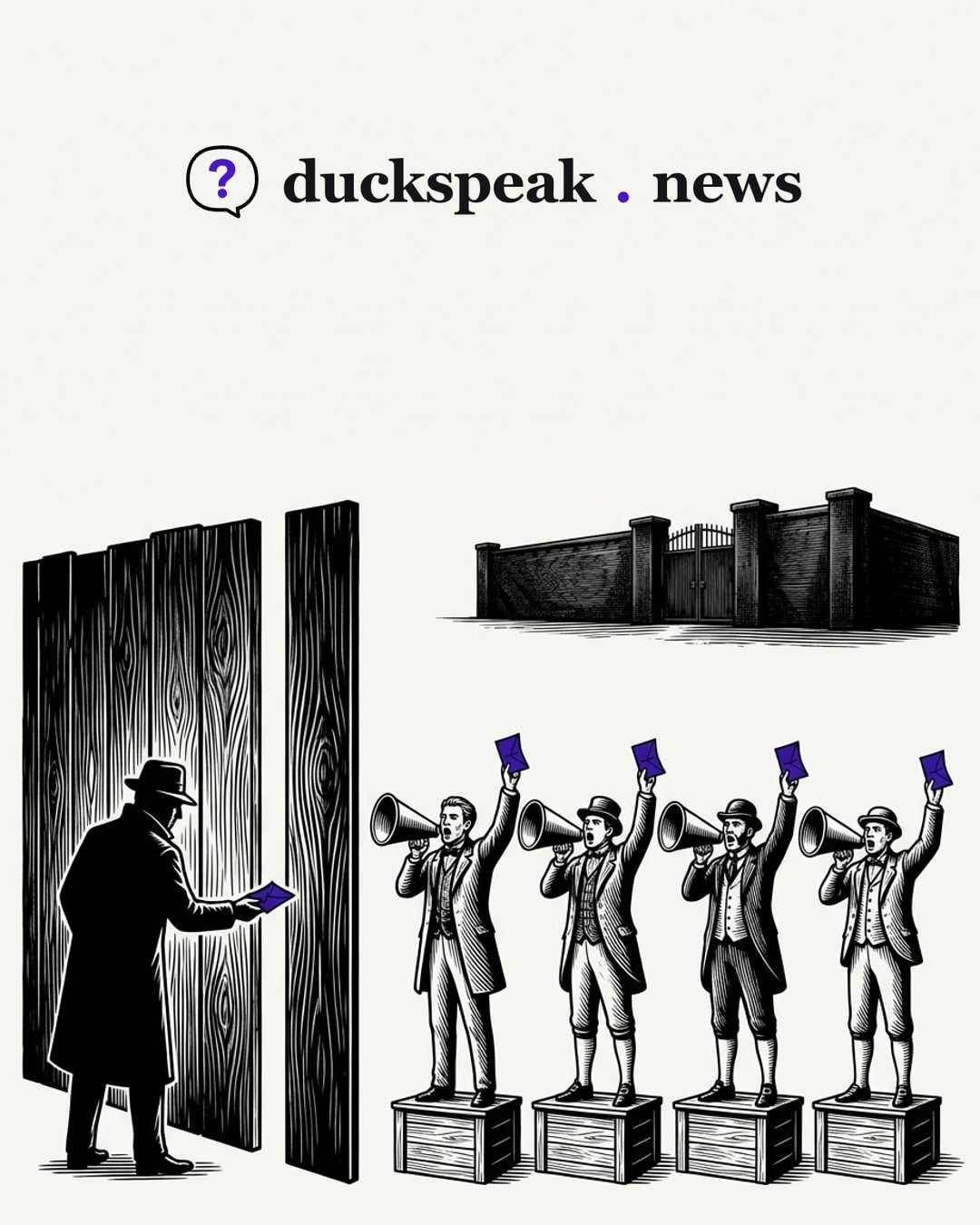 A man in a trench coat slips one small envelope through a gap in the fence, and four criers on their crates wave the same envelope through their megaphones. Behind them the walled compound keeps its gate shut: one tip, four voices, and nobody inside has said a word.