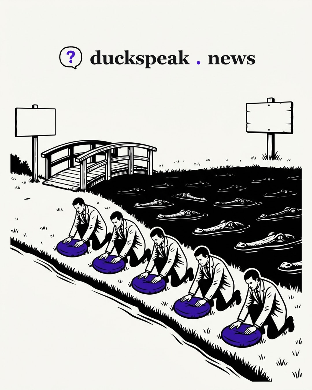 Five reporters kneel along the bank and each pats down the same soft cushion, as if the shore just needed to be made comfortable. Behind them the water is full of eyes, and the signs at the edge of the park stay blank: the word is repeated five times, the lake is never mentioned.