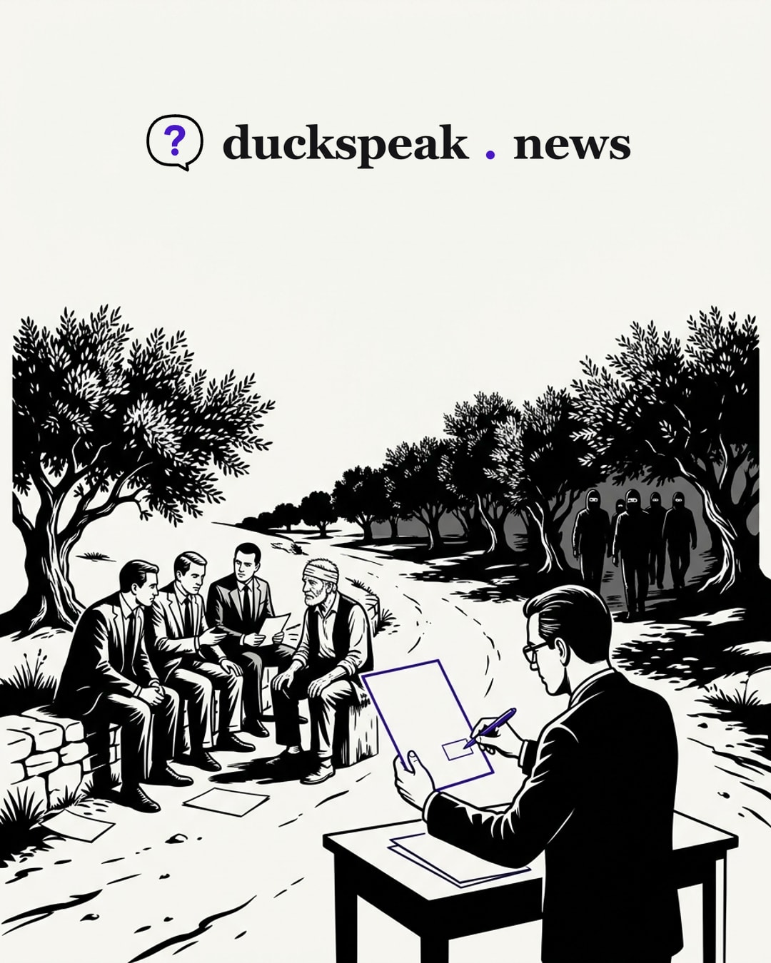 On the village road, the diplomats sit on a low wall around an old man with a bandaged head, while an official holds up his form and taps the empty box with his pen. Far behind, among the olive trees, the masked men walk off without anyone turning round: the paperwork gets the attention, the attackers get away.