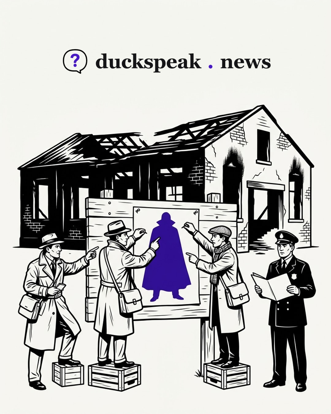 In front of the burnt-out warehouse, the reporters on their crates pin up a cloaked silhouette and all point at it with confidence. Beside them a policeman holds his folder open, and no one turns round: the villain is cut from paper, the file has nothing in it yet.
