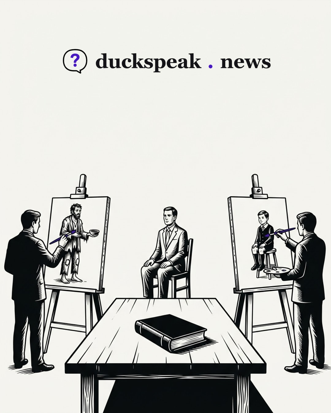 One man sits quietly at the table while two painters work on either side: one paints him as a beggar holding out his bowl, the other as a good little schoolboy on his stool. The thick ledger in front of him stays shut: two portraits, and nobody has opened the accounts.