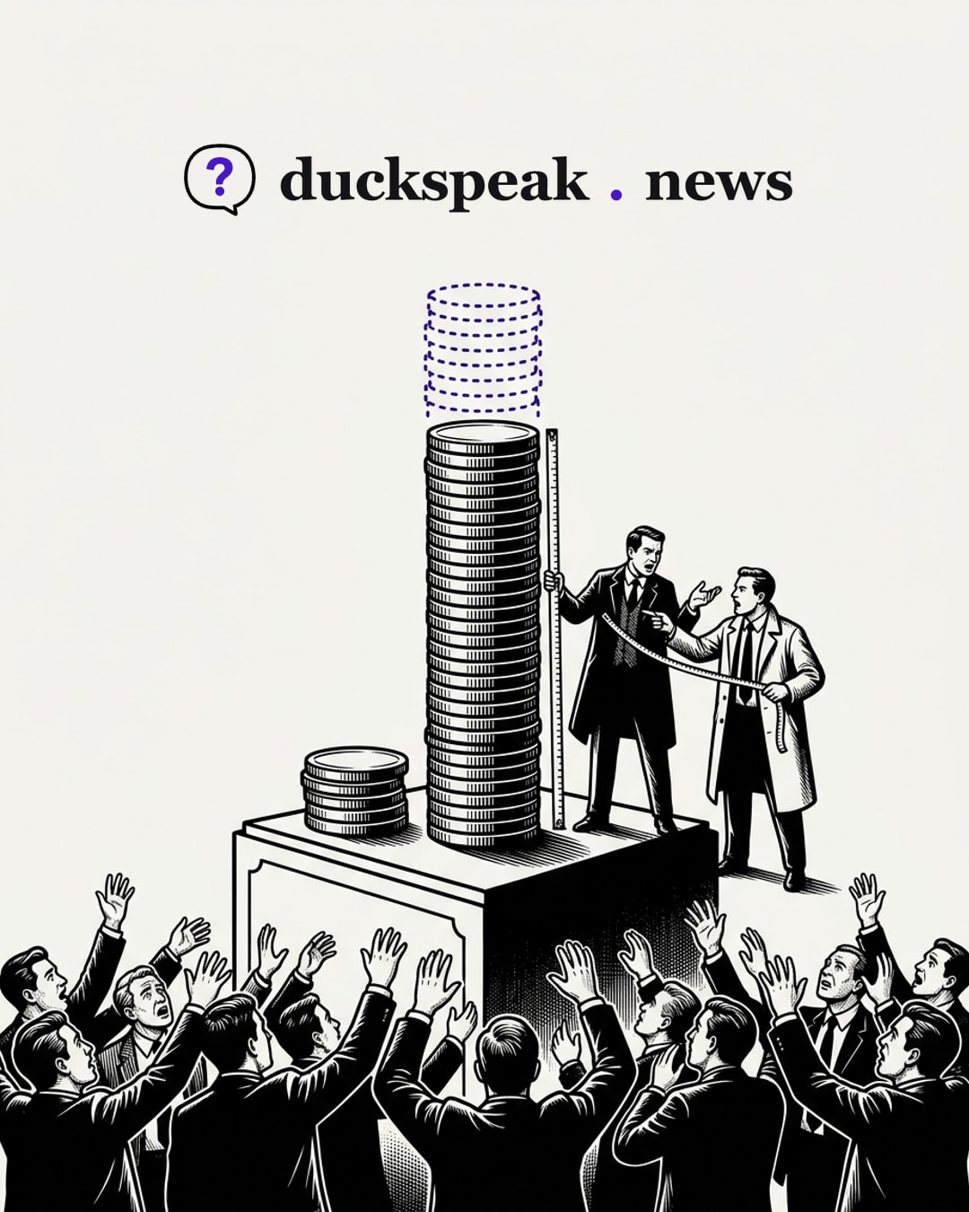 On its plinth, the stack of coins has clearly grown next to the small old pile, and two analysts argue over it with two different tape measures. Below, the crowd of traders throws up their hands at the dotted coins on top: they never existed, and it is their absence that shakes the room.