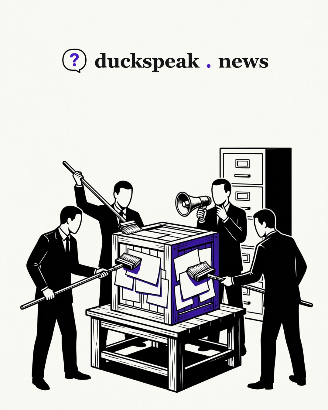 Four men in suits paste sheet after blank sheet onto one plain crate, one of them holding a megaphone, until the box itself is barely visible. Behind them the filing cabinet stays shut: everyone is busy naming the thing, nobody opens the record.