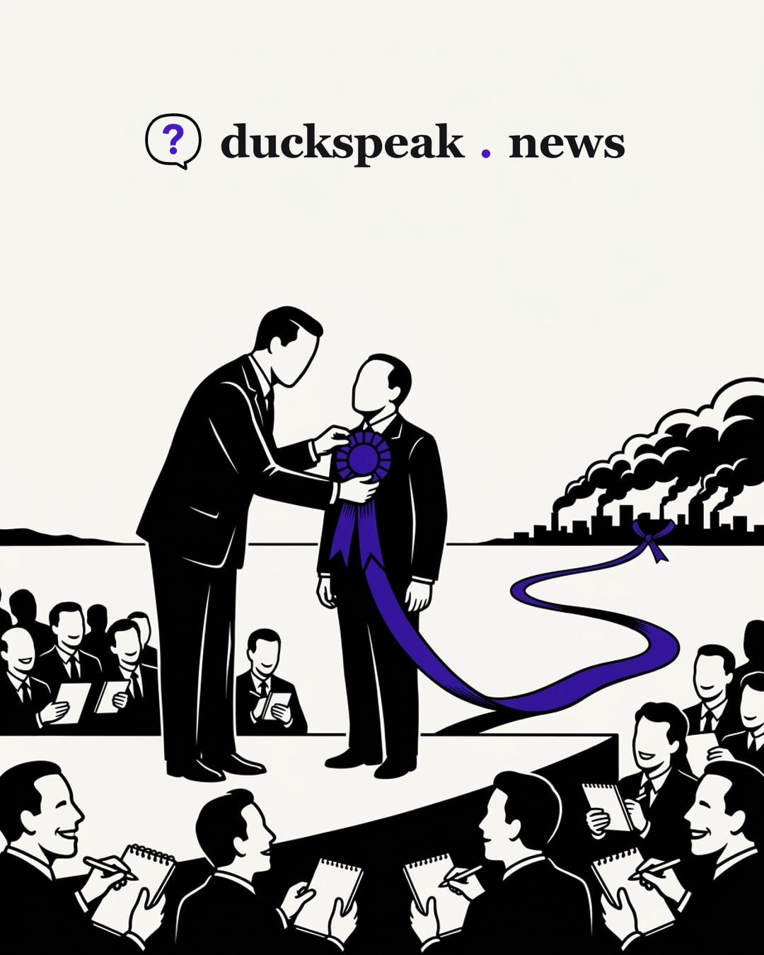 On stage, one man pins a rosette on another while the reporters below smile and copy the moment into their notebooks. Its ribbon runs off the stage and across the plain to a city under smoke: the prize is what everyone writes down, and what it is tied to stays on the horizon.
