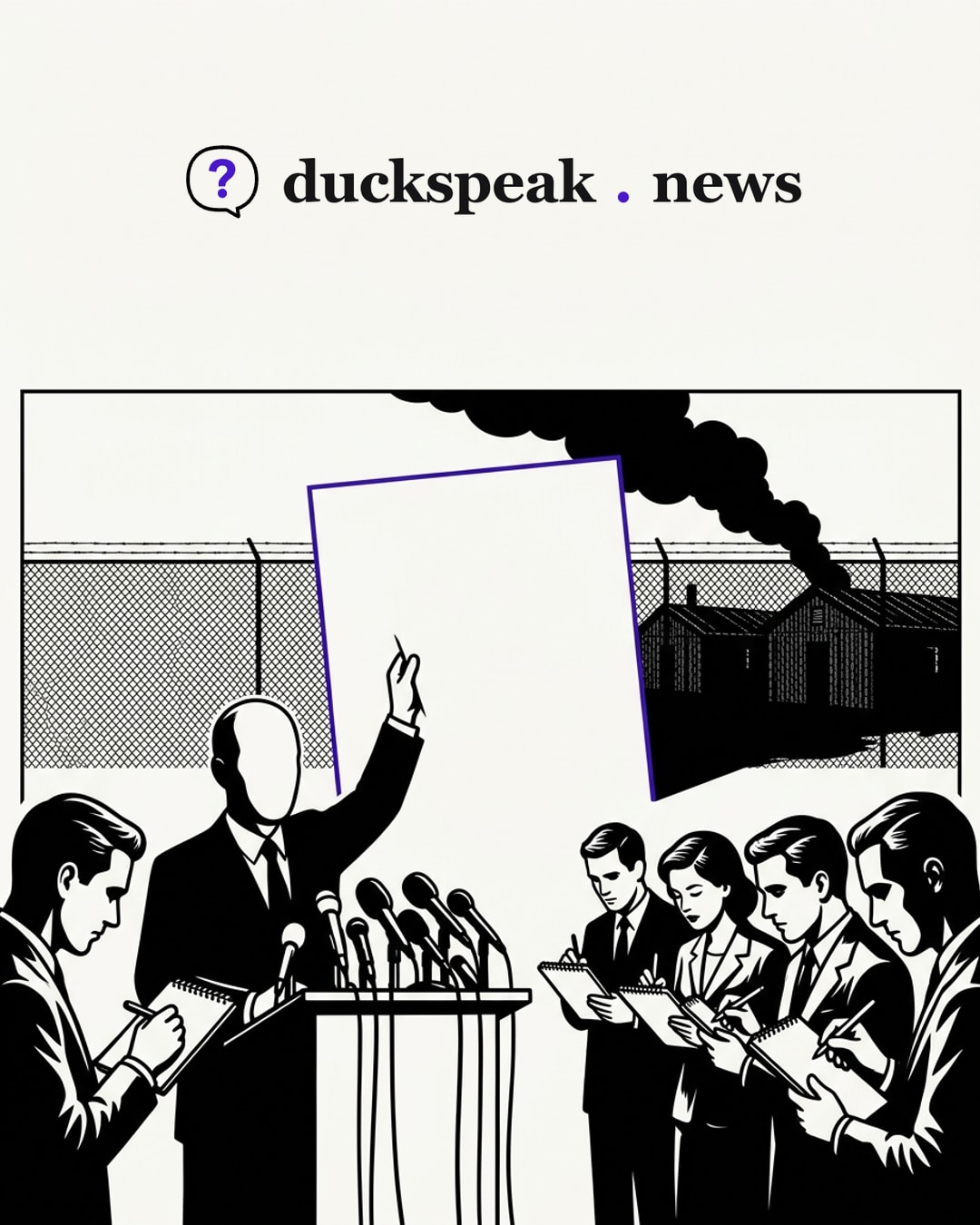 At a lectern bristling with microphones, an official raises his hand and a large blank sheet rises in front of the fence, while the reporters on either side bend over their notebooks and write the same thing. Behind the sheet, the barracks and the smoke stay in shadow: the page says nothing, and it is what everyone copies.