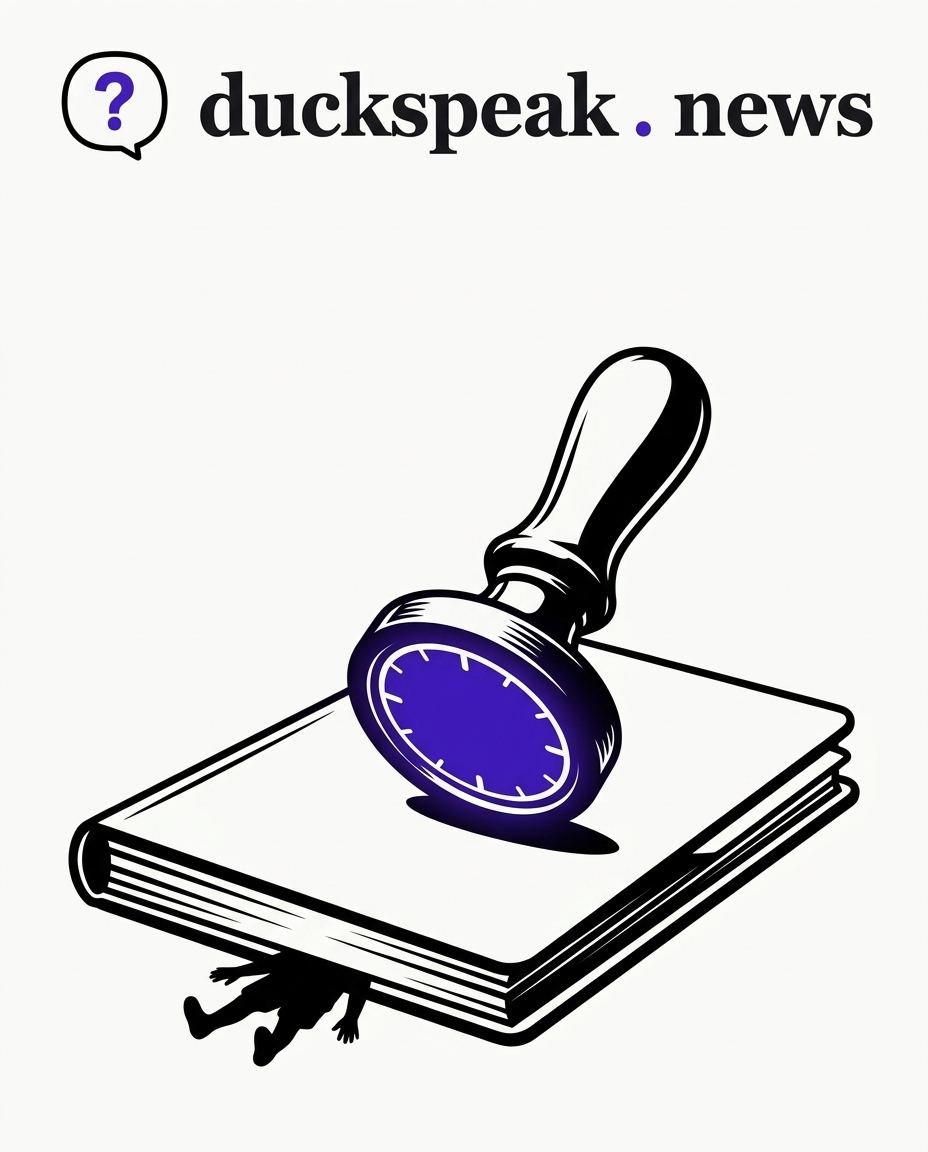 The stamp comes down with a clock for a face, not a crest. Under the folder it seals shut, a small shadow stays pinned.
