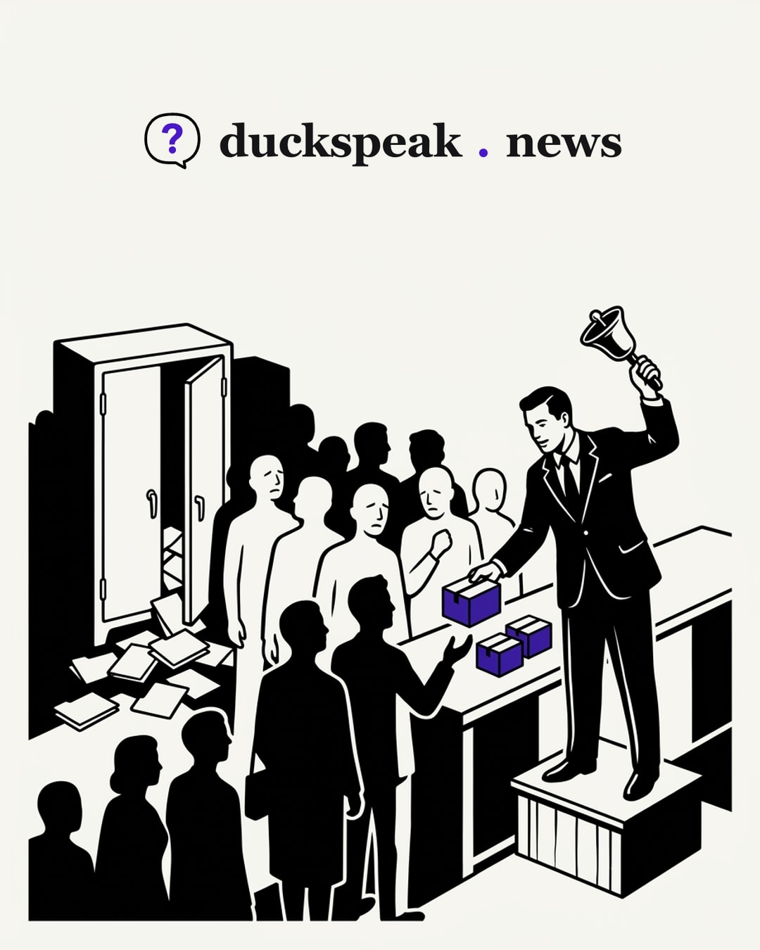 From his podium a salesman rings the alarm bell with one hand and passes boxed packages across the counter with the other, while a worried queue shuffles toward him. Behind them a cabinet stands open, its folders spilled across the floor: the breach rings the bell, and the box is what everyone goes home with.