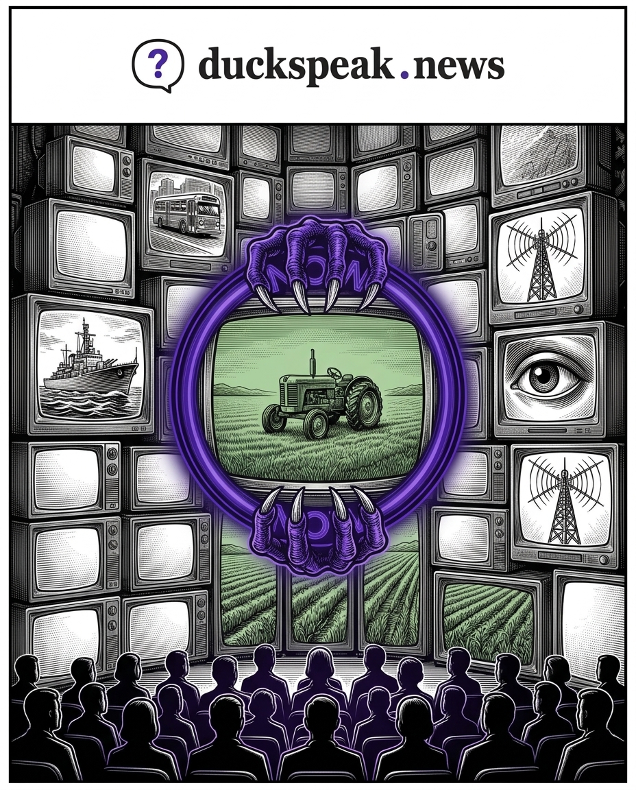 On the wall of screens, a siege. At the center, a tractor doing absolutely nothing; the event that never happened, framed by a live ring.