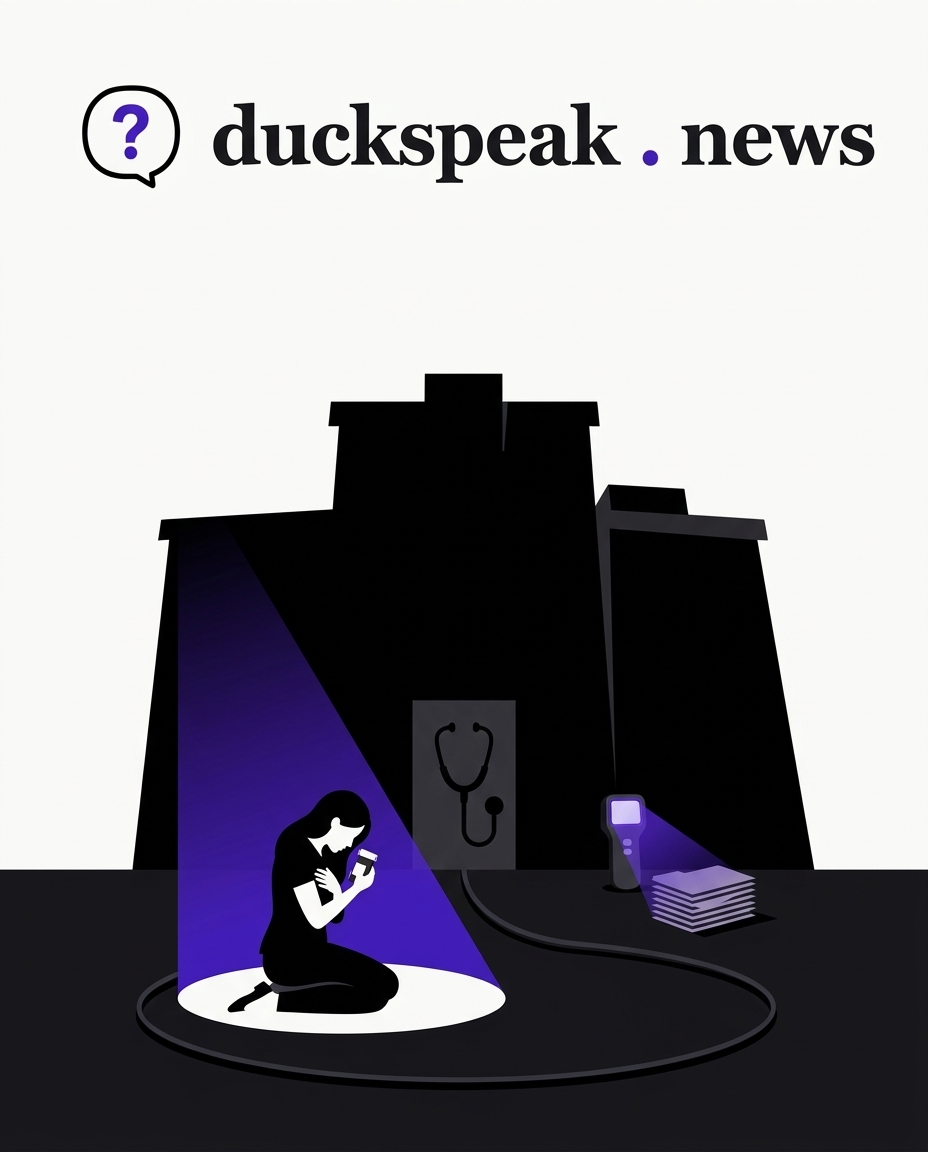 Find the guilty party: she kneels in the light, clutching the pill bottle. Behind her the hospital stays dark, its stethoscope door never opened, and the path loops straight back to it.