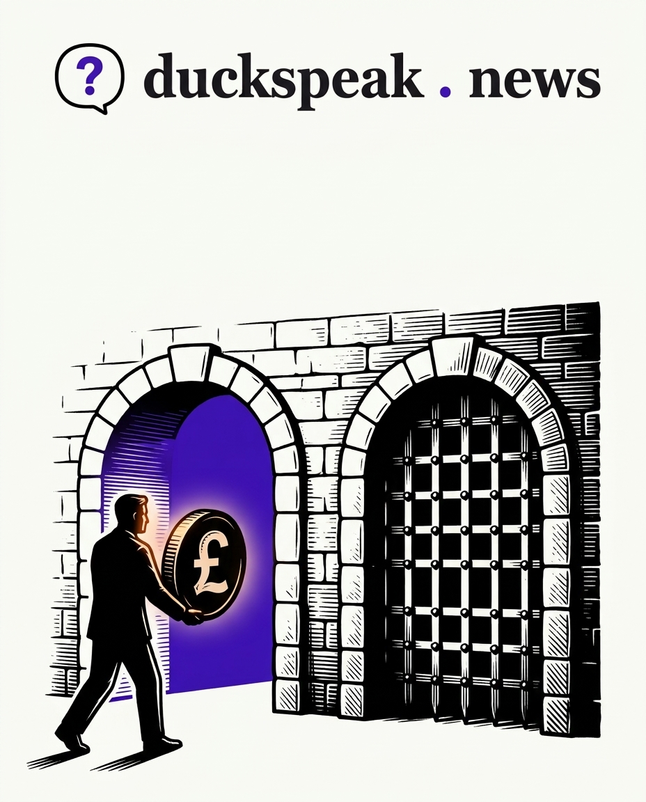 The same pound walks up to two identical gates. One glows open and welcoming; the other stays barred, shut, in the dark, for no reason the coin can see.