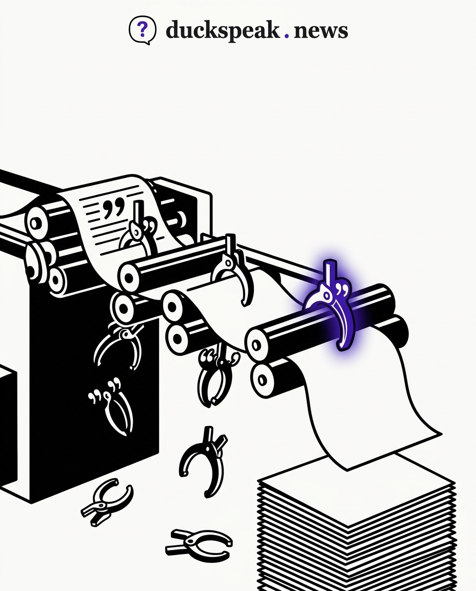 Quotation marks hold the document like pincers, dropping one by one at each roller. By the last press it prints unmarked, unattributed, and true.