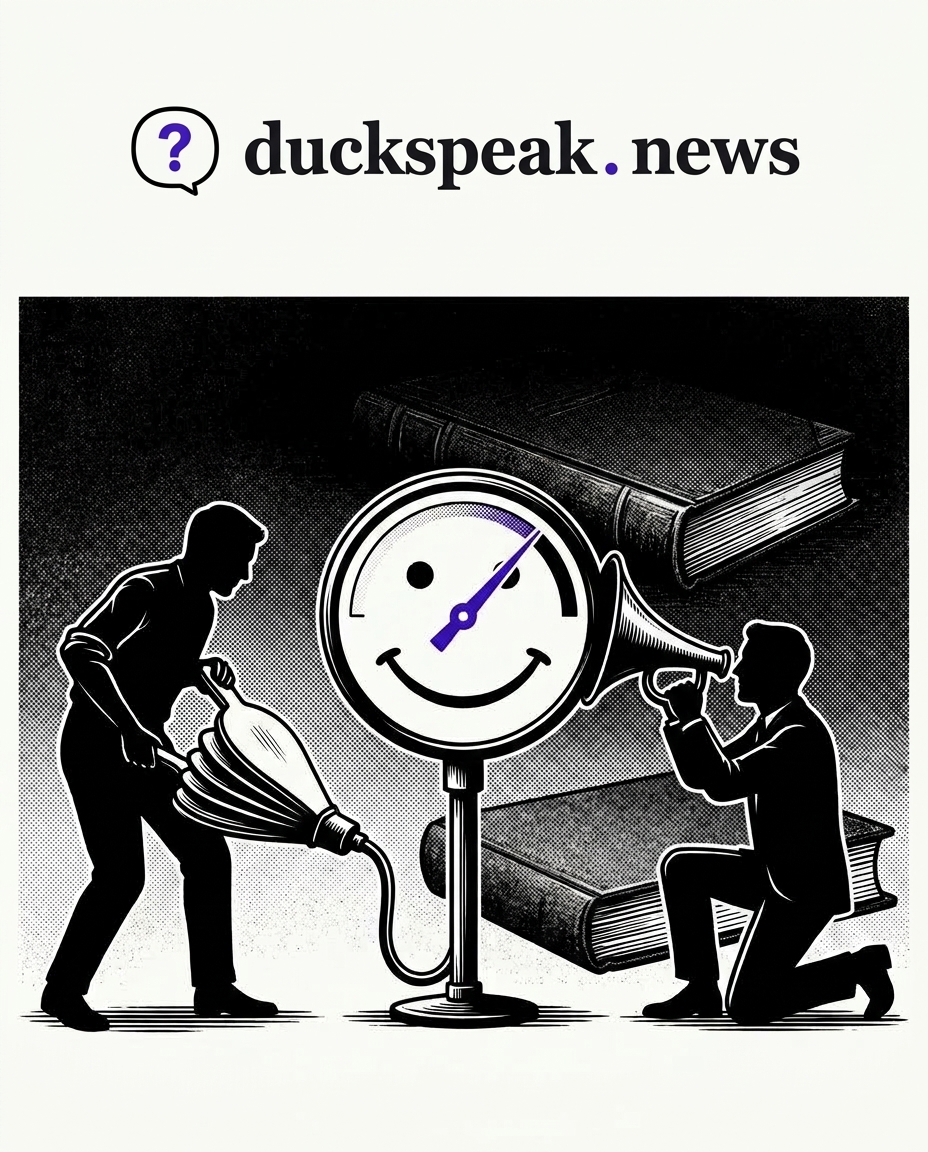 One pair of hands pumps breath into the smiling gauge; another kneels with a giant ear to measure it. The ledgers behind them stay shut, unopened, in the dark.