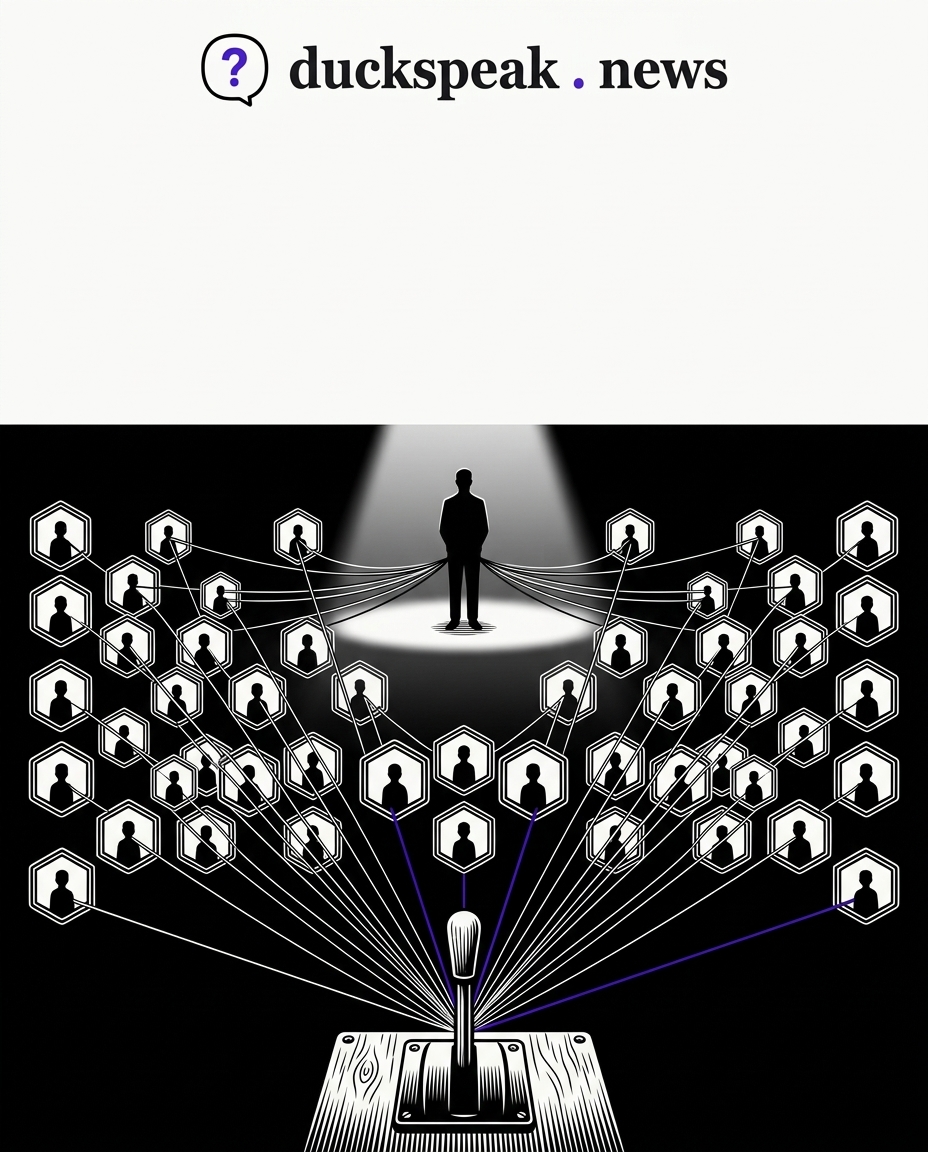 Une seule silhouette, calme, sous le projecteur. Derrière elle, quarante-cinq cellules tirées par des fils qui convergent tous vers un levier sans main dessus.