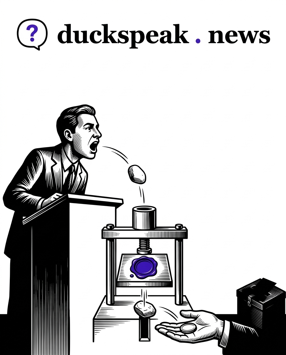 A word leaves his mouth, gets stamped official, and lands back in his own open hand as a coin. The ballot box in the corner never opens.