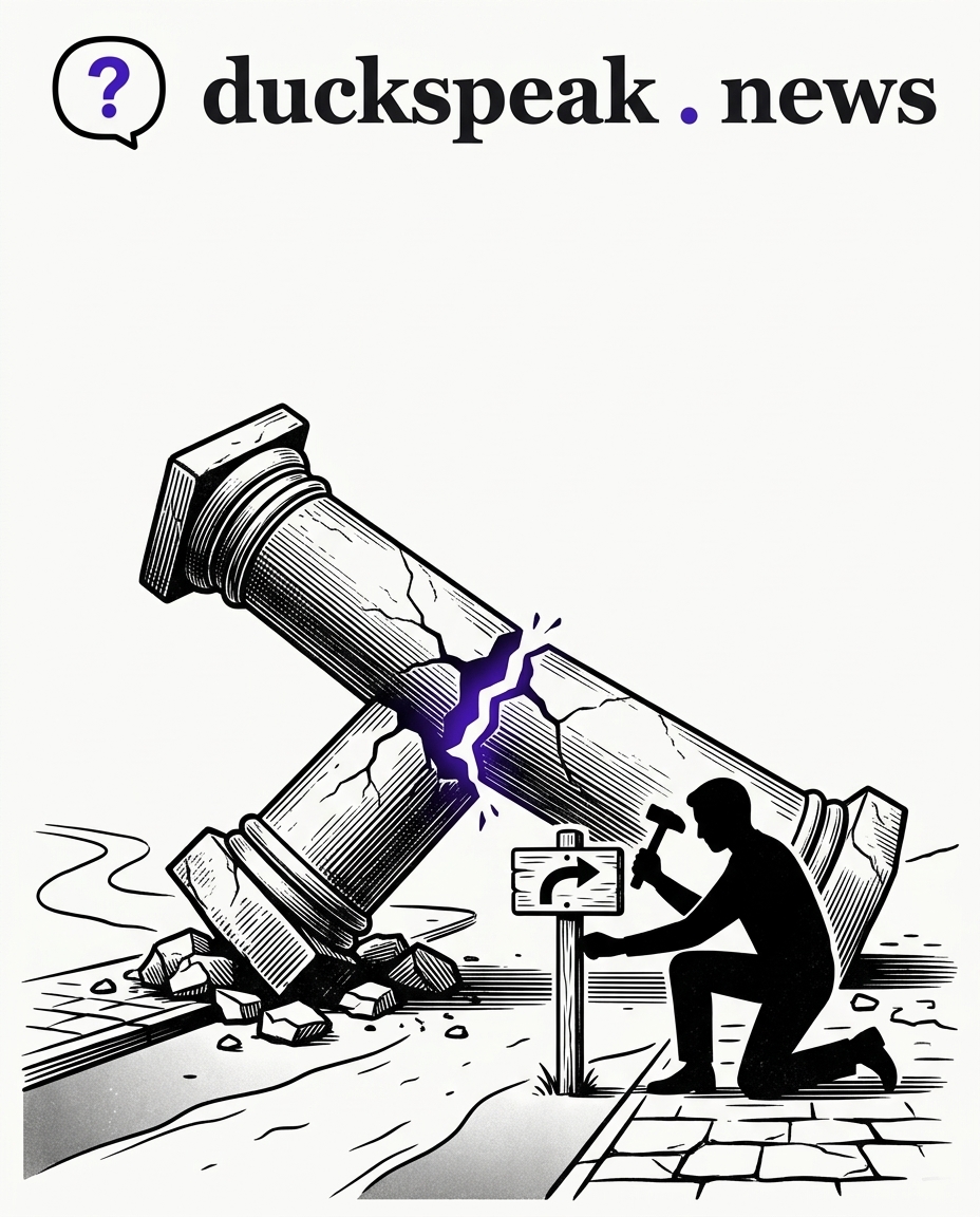 La colonne se fend en deux, la lumière passe par la fissure. Un genou au sol, il plante un panneau de randonnée, comme si le chemin avait toujours été là.