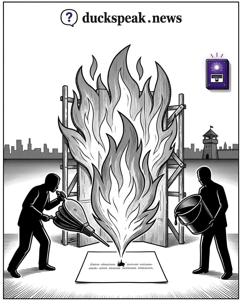 Locate the fire: there is none. Cardboard flames on rented scaffolding, fanned by one anonymous pot of ink, and the alarm on the wall goes untouched.
